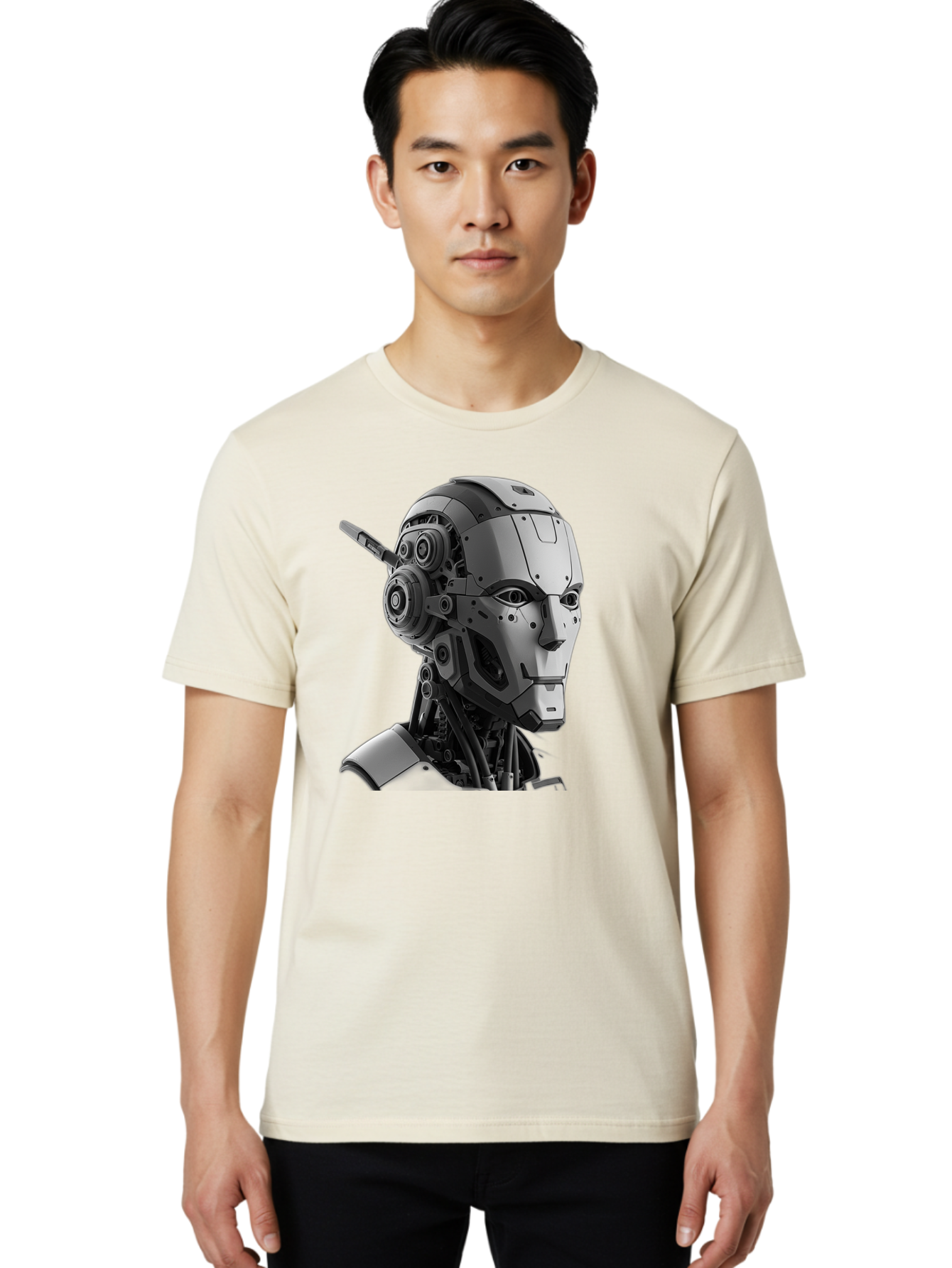 Robot-Head Men'S Graphic Tee, 100% Cotton, Comfortable Casual Summer Wear, Machine Washable, Robotic Head, Futuristic Design, Mechanical Face, Gray Metallic Finish, Technological Innovation, Advanced Robotics, Artificial Intelligence, Bab352