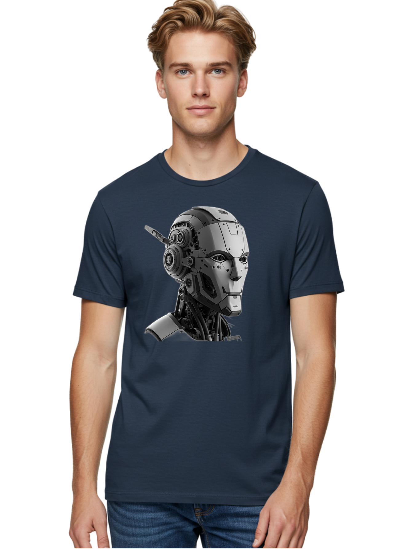 Robot-Head Men'S Graphic Tee, 100% Cotton, Comfortable Casual Summer Wear, Machine Washable, Robotic Head, Futuristic Design, Mechanical Face, Gray Metallic Finish, Technological Innovation, Advanced Robotics, Artificial Intelligence, Bab352
