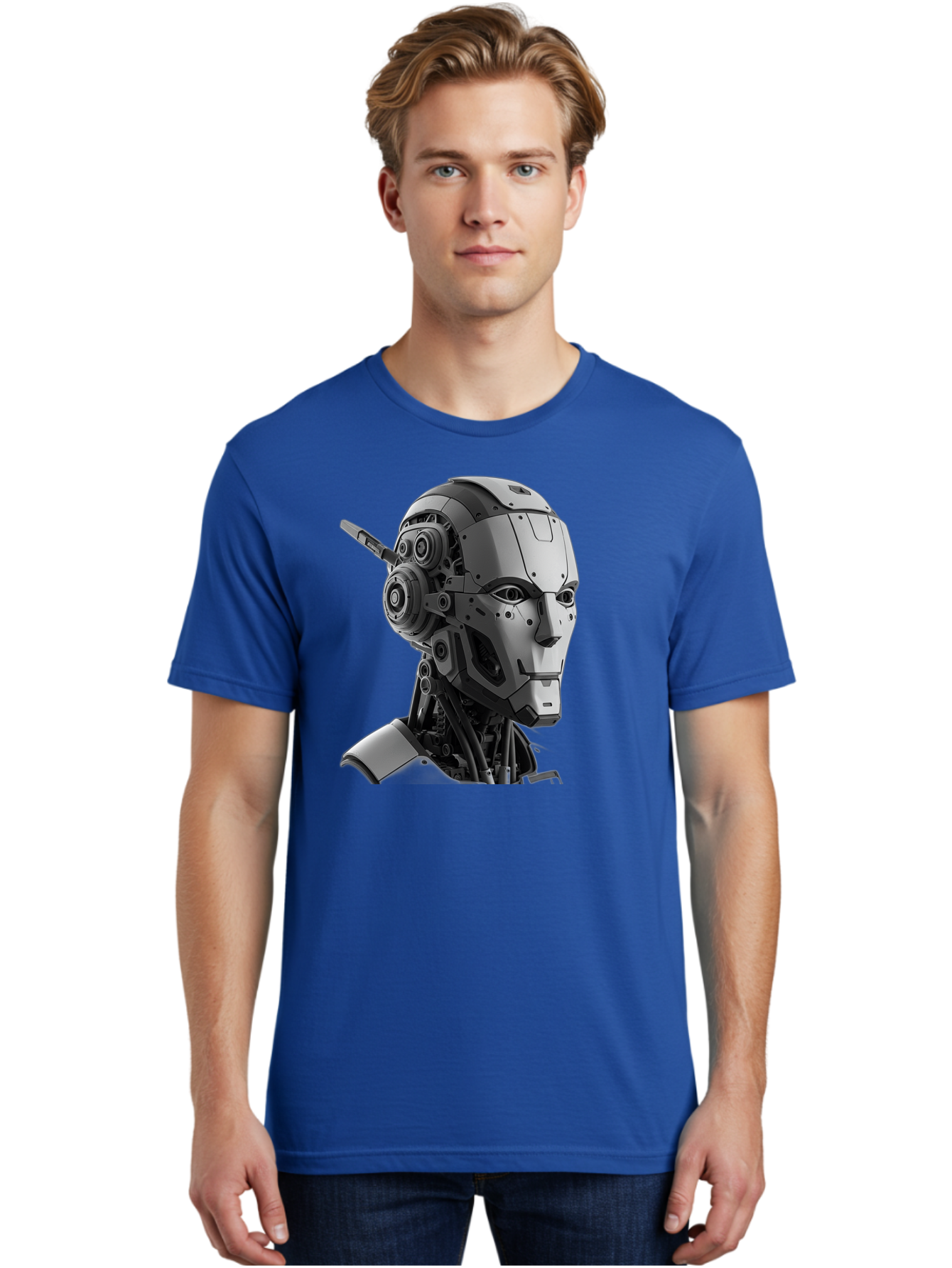Robot-Head Men'S Graphic Tee, 100% Cotton, Comfortable Casual Summer Wear, Machine Washable, Robotic Head, Futuristic Design, Mechanical Face, Gray Metallic Finish, Technological Innovation, Advanced Robotics, Artificial Intelligence, Bab352