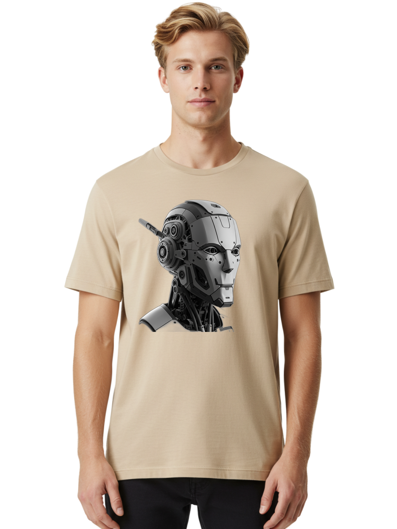 Robot-Head Men'S Graphic Tee, 100% Cotton, Comfortable Casual Summer Wear, Machine Washable, Robotic Head, Futuristic Design, Mechanical Face, Gray Metallic Finish, Technological Innovation, Advanced Robotics, Artificial Intelligence, Bab352