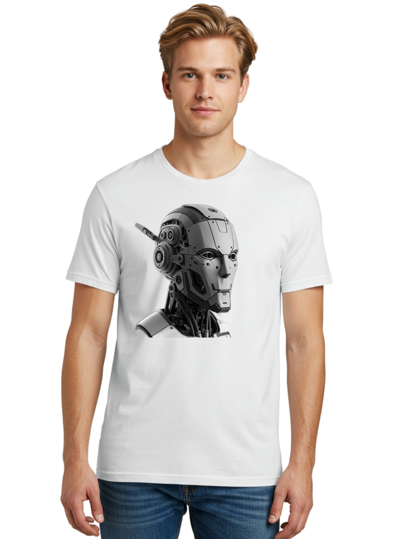 Robot-Head Men'S Graphic Tee, 100% Cotton, Comfortable Casual Summer Wear, Machine Washable, Robotic Head, Futuristic Design, Mechanical Face, Gray Metallic Finish, Technological Innovation, Advanced Robotics, Artificial Intelligence, Bab352