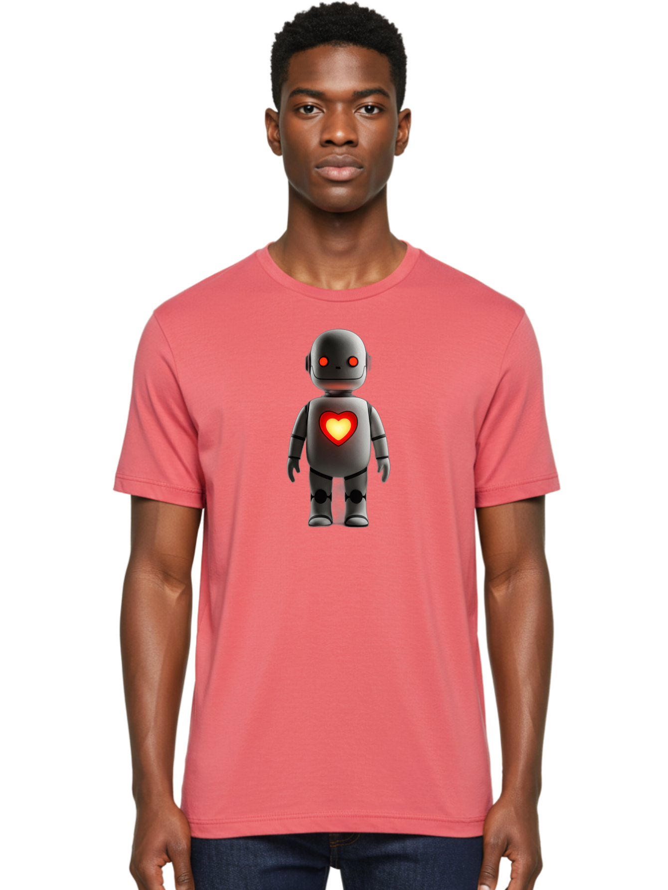 Robot-Heart Men'S Graphic Tee, 100% Cotton, Comfortable Casual Summer Wear, Machine Washable, Robot With Heart, Digital Art, Futuristic Design, Red Heart Symbol, Cyborg Illustration, Artificial Intelligence, Robot Love, Tech Design Bab353