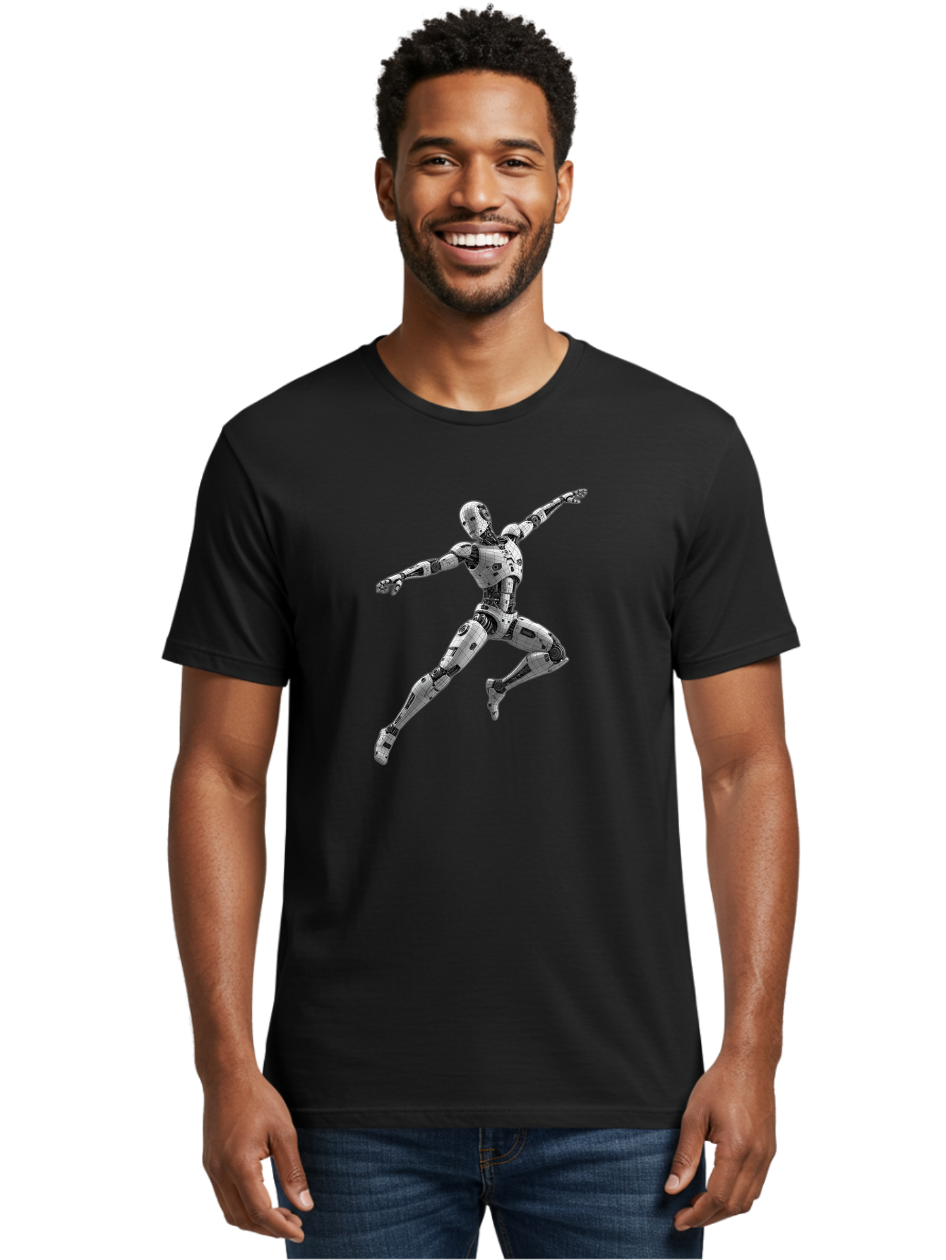 Robot-In-Mid-Air Men'S Graphic Tee, 100% Cotton, Comfortable Casual Summer Wear, Machine Washable, Robot In Mid-Air, Robotic Dance, Futuristic Technology, Robotic Limbs, Mechanical Movement, Silver Robot, Futuristic Design, Modern Android, Bab354