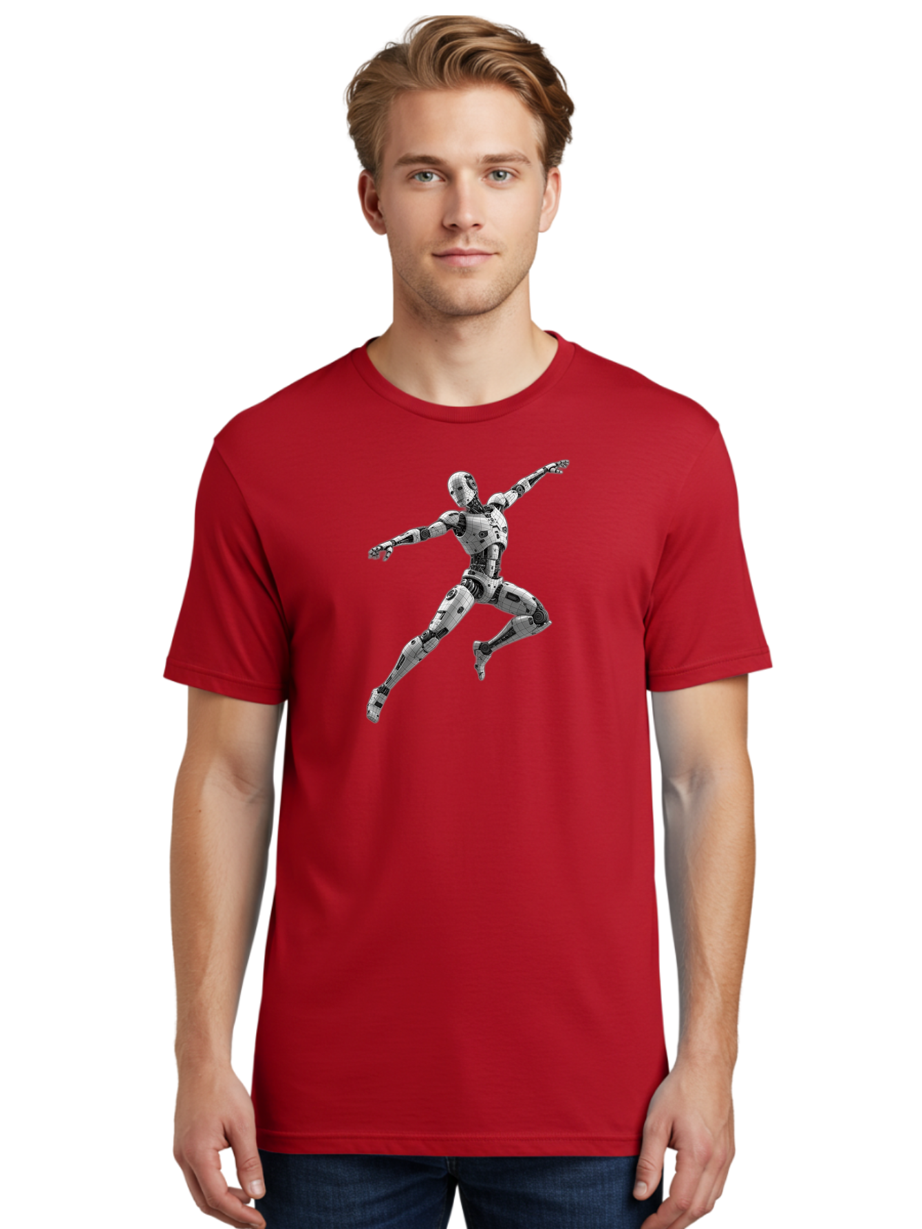 Robot-In-Mid-Air Men'S Graphic Tee, 100% Cotton, Comfortable Casual Summer Wear, Machine Washable, Robot In Mid-Air, Robotic Dance, Futuristic Technology, Robotic Limbs, Mechanical Movement, Silver Robot, Futuristic Design, Modern Android, Bab354