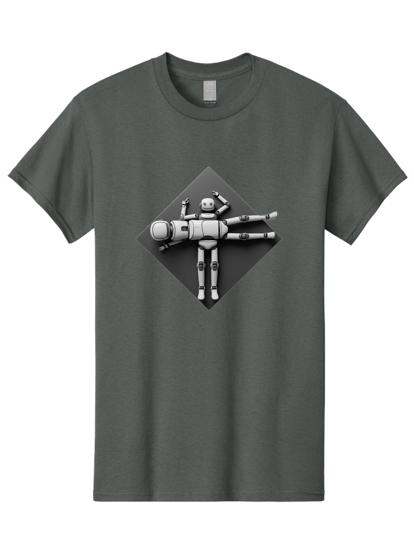 Robot-On-Dark-Square Men'S Graphic Tee, 100% Cotton, Comfortable Casual Summer Wear, Machine Washable, Robot Lying Down, Relaxation Pose, Mechanical Body, Futuristic Design, Artificial Intelligence, Modern Technology, Robot Resting, Bab355