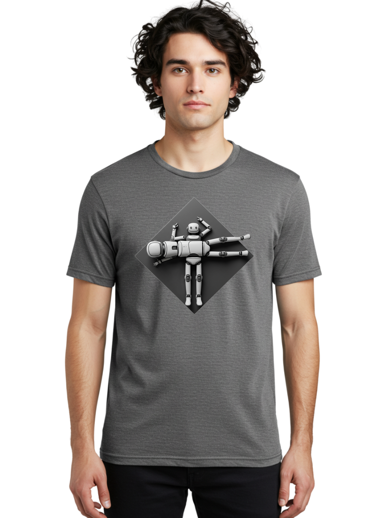 Robot-On-Dark-Square Men'S Graphic Tee, 100% Cotton, Comfortable Casual Summer Wear, Machine Washable, Robot Lying Down, Relaxation Pose, Mechanical Body, Futuristic Design, Artificial Intelligence, Modern Technology, Robot Resting, Bab355