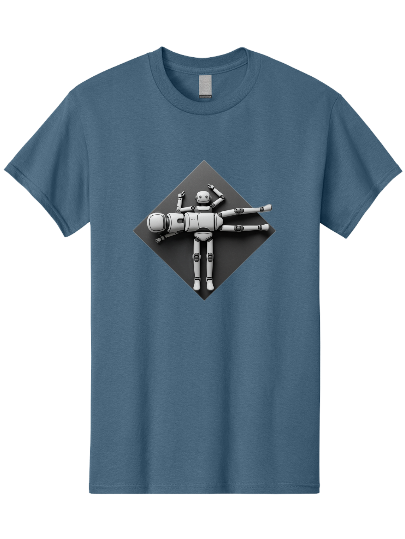 Robot-On-Dark-Square Men'S Graphic Tee, 100% Cotton, Comfortable Casual Summer Wear, Machine Washable, Robot Lying Down, Relaxation Pose, Mechanical Body, Futuristic Design, Artificial Intelligence, Modern Technology, Robot Resting, Bab355