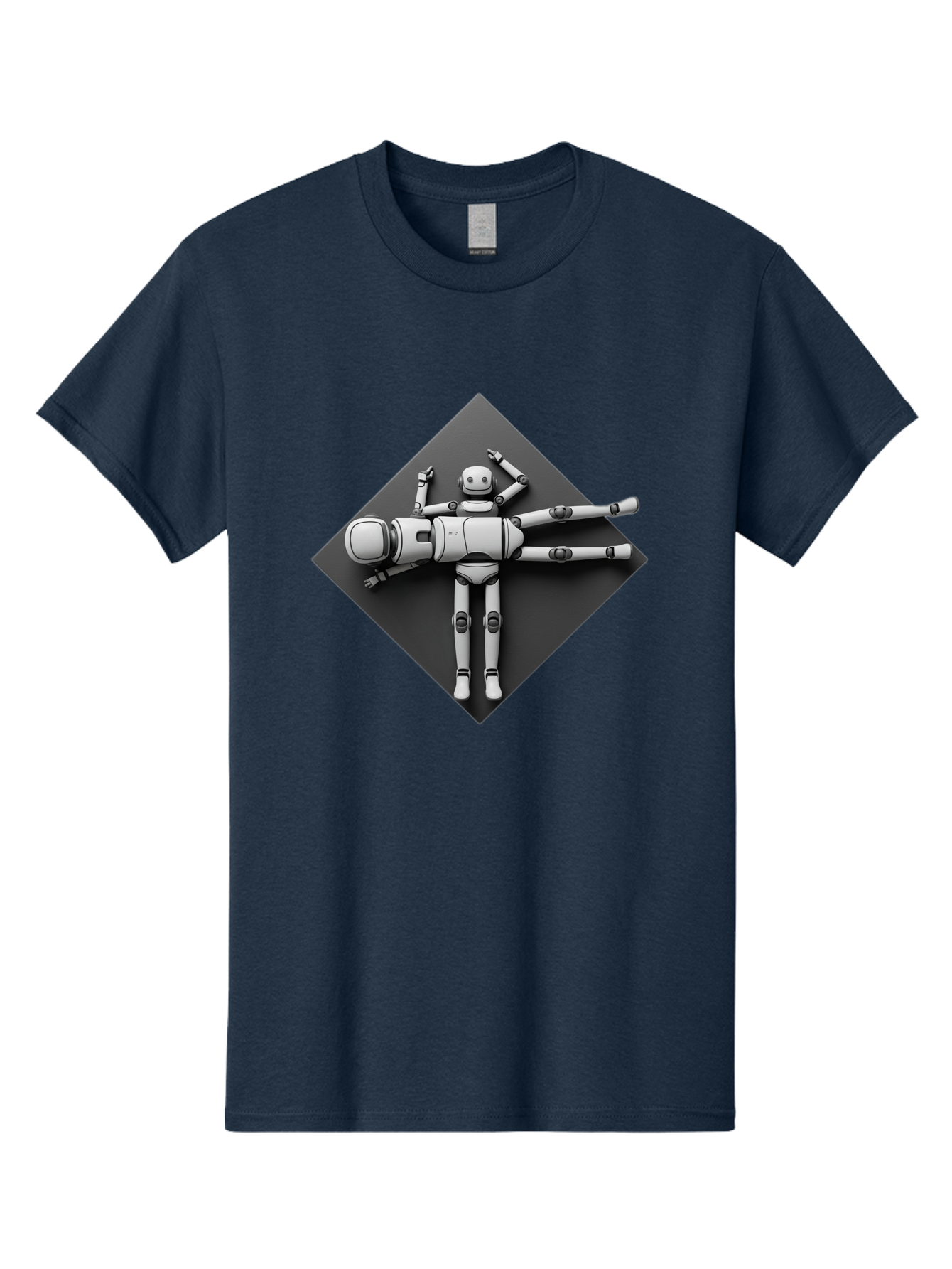 Robot-On-Dark-Square Men'S Graphic Tee, 100% Cotton, Comfortable Casual Summer Wear, Machine Washable, Robot Lying Down, Relaxation Pose, Mechanical Body, Futuristic Design, Artificial Intelligence, Modern Technology, Robot Resting, Bab355