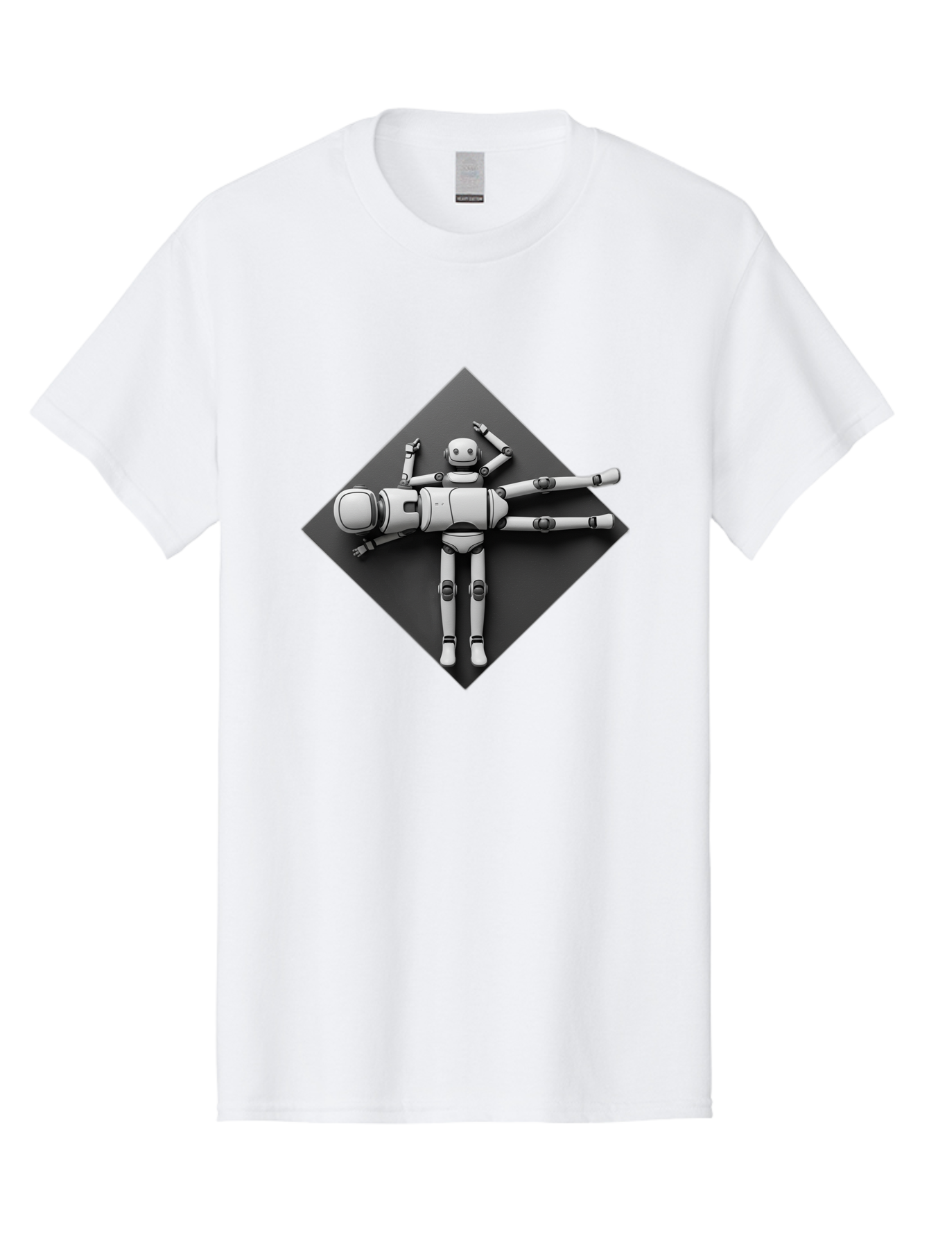 Robot-On-Dark-Square Men'S Graphic Tee, 100% Cotton, Comfortable Casual Summer Wear, Machine Washable, Robot Lying Down, Relaxation Pose, Mechanical Body, Futuristic Design, Artificial Intelligence, Modern Technology, Robot Resting, Bab355