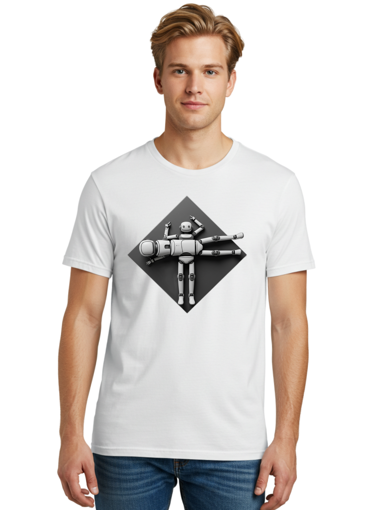 Robot-On-Dark-Square Men'S Graphic Tee, 100% Cotton, Comfortable Casual Summer Wear, Machine Washable, Robot Lying Down, Relaxation Pose, Mechanical Body, Futuristic Design, Artificial Intelligence, Modern Technology, Robot Resting, Bab355