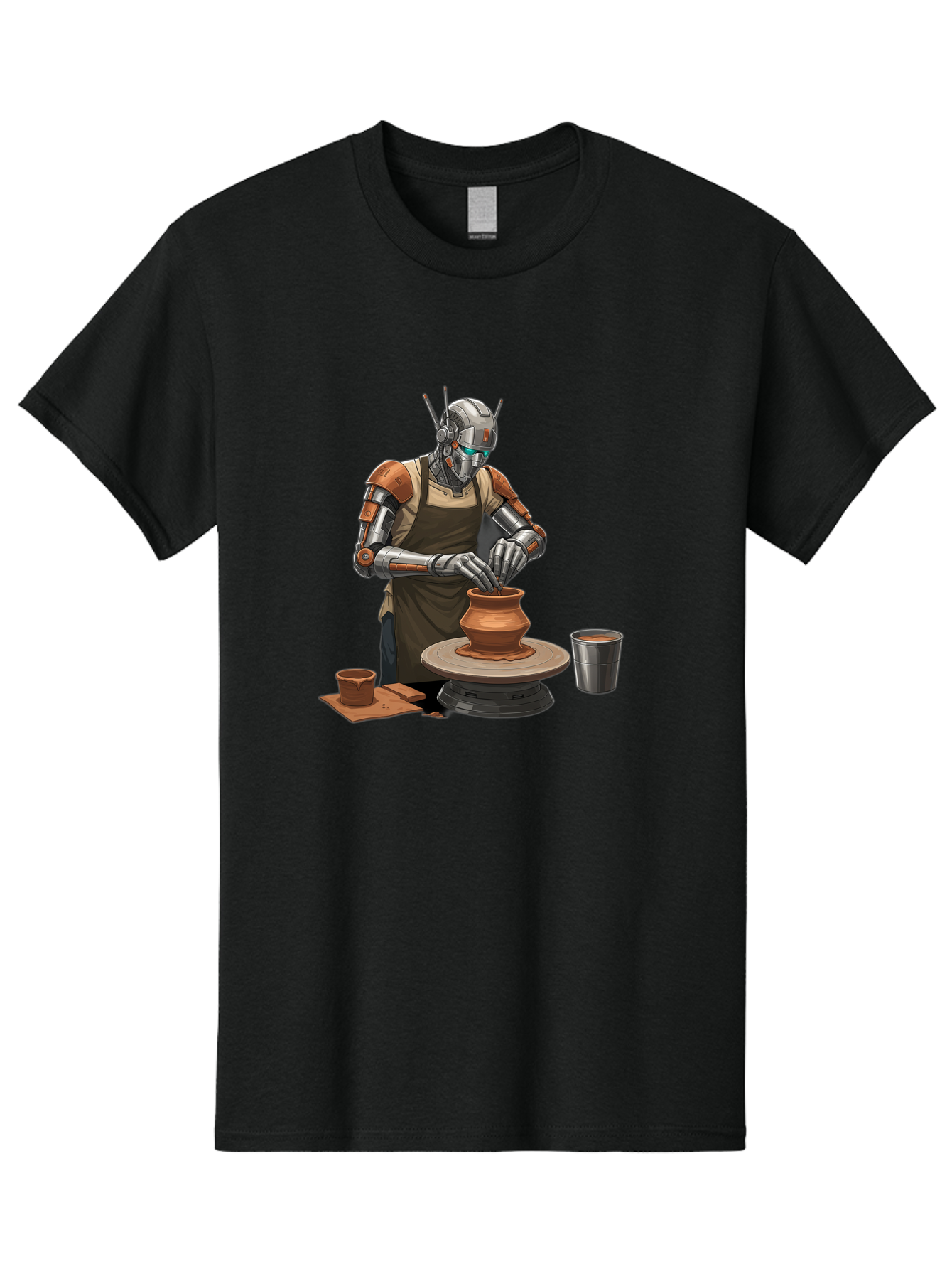 Robot-Potter Men'S Graphic Tee, 100% Cotton, Comfortable Casual Summer Wear, Machine Washable, Robot On Pottery Wheel, Clay Pot, Metal Cup, Robotic Hands, Creative Artwork, Futuristic Pottery, Artistic Creation, Mechanical Craftsmanship, Bab356