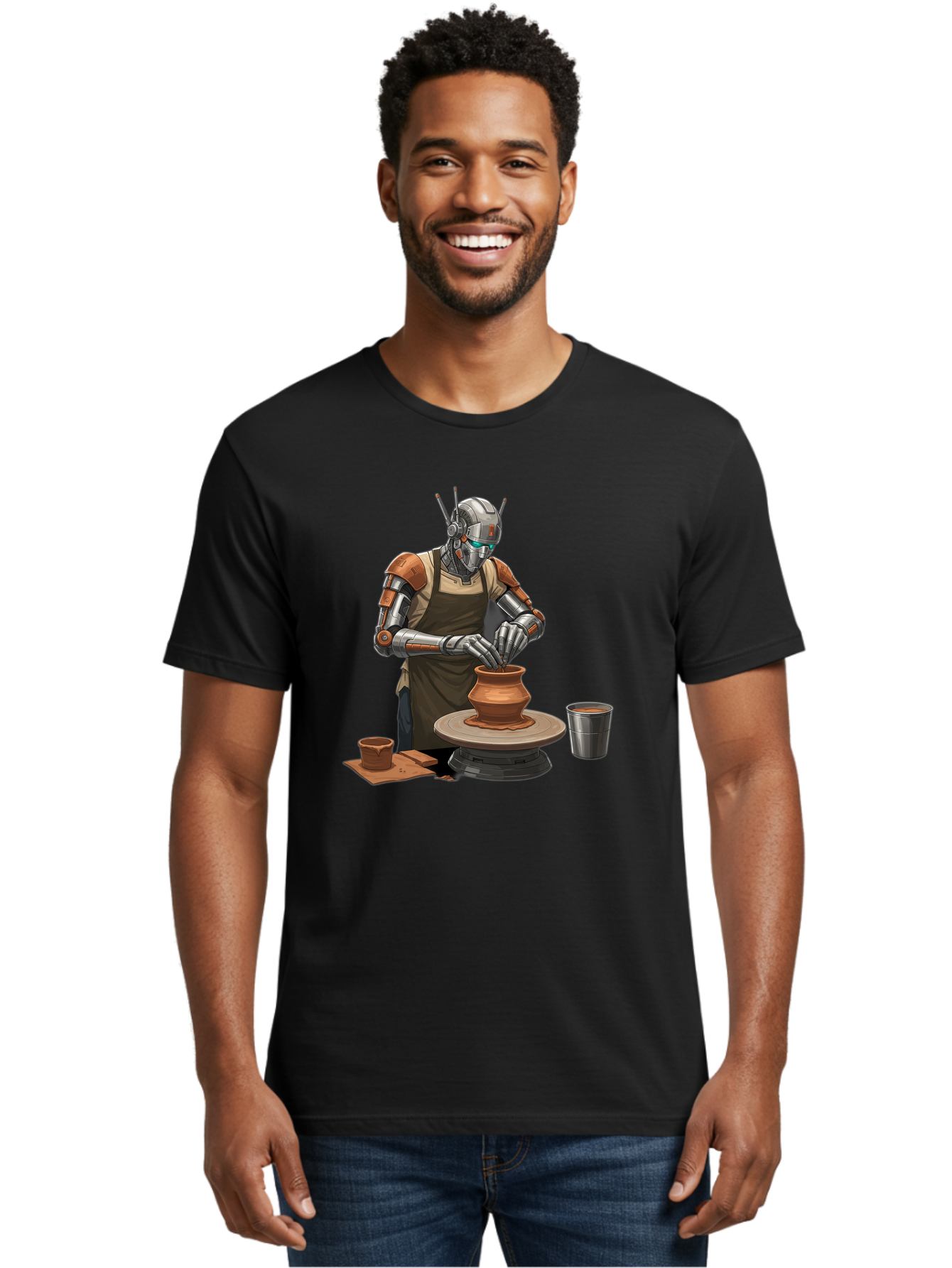 Robot-Potter Men'S Graphic Tee, 100% Cotton, Comfortable Casual Summer Wear, Machine Washable, Robot On Pottery Wheel, Clay Pot, Metal Cup, Robotic Hands, Creative Artwork, Futuristic Pottery, Artistic Creation, Mechanical Craftsmanship, Bab356