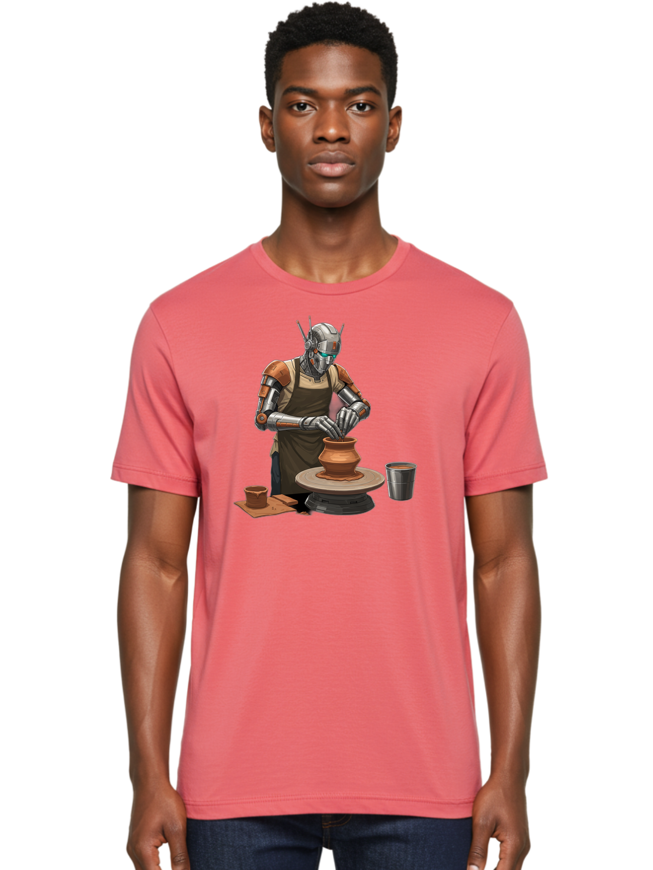 Robot-Potter Men'S Graphic Tee, 100% Cotton, Comfortable Casual Summer Wear, Machine Washable, Robot On Pottery Wheel, Clay Pot, Metal Cup, Robotic Hands, Creative Artwork, Futuristic Pottery, Artistic Creation, Mechanical Craftsmanship, Bab356