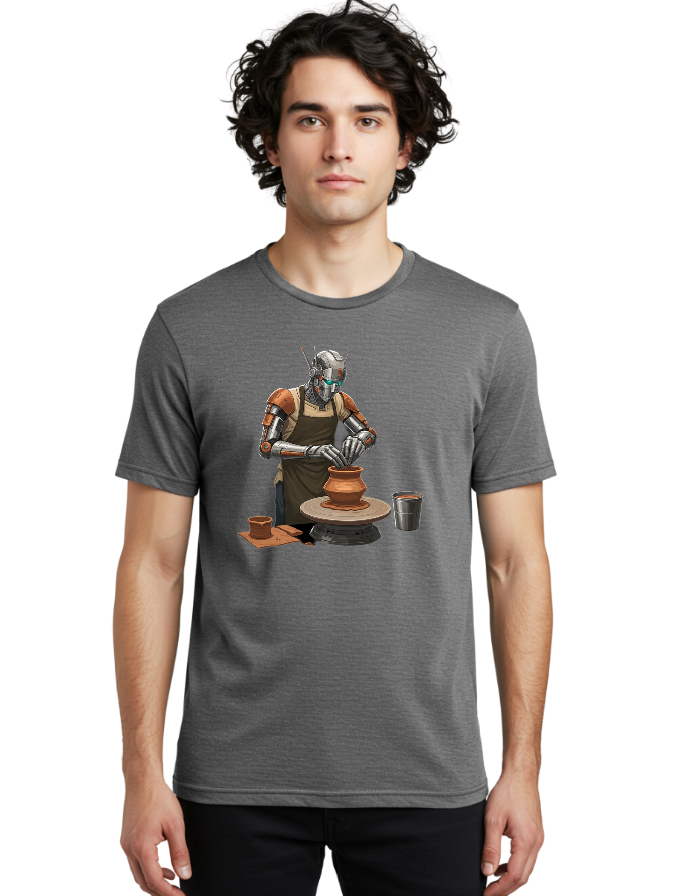 Robot-Potter Men'S Graphic Tee, 100% Cotton, Comfortable Casual Summer Wear, Machine Washable, Robot On Pottery Wheel, Clay Pot, Metal Cup, Robotic Hands, Creative Artwork, Futuristic Pottery, Artistic Creation, Mechanical Craftsmanship, Bab356