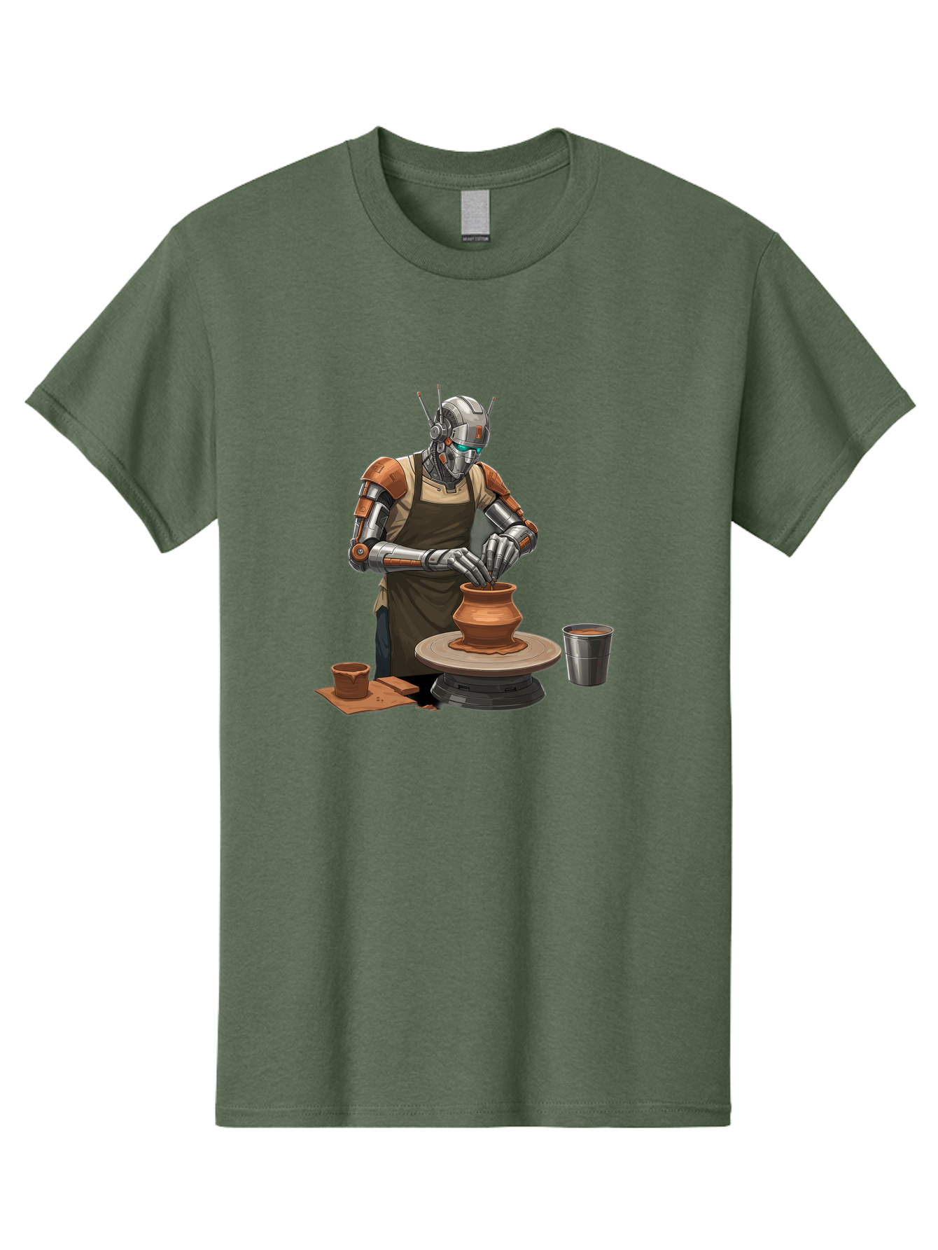 Robot-Potter Men'S Graphic Tee, 100% Cotton, Comfortable Casual Summer Wear, Machine Washable, Robot On Pottery Wheel, Clay Pot, Metal Cup, Robotic Hands, Creative Artwork, Futuristic Pottery, Artistic Creation, Mechanical Craftsmanship, Bab356