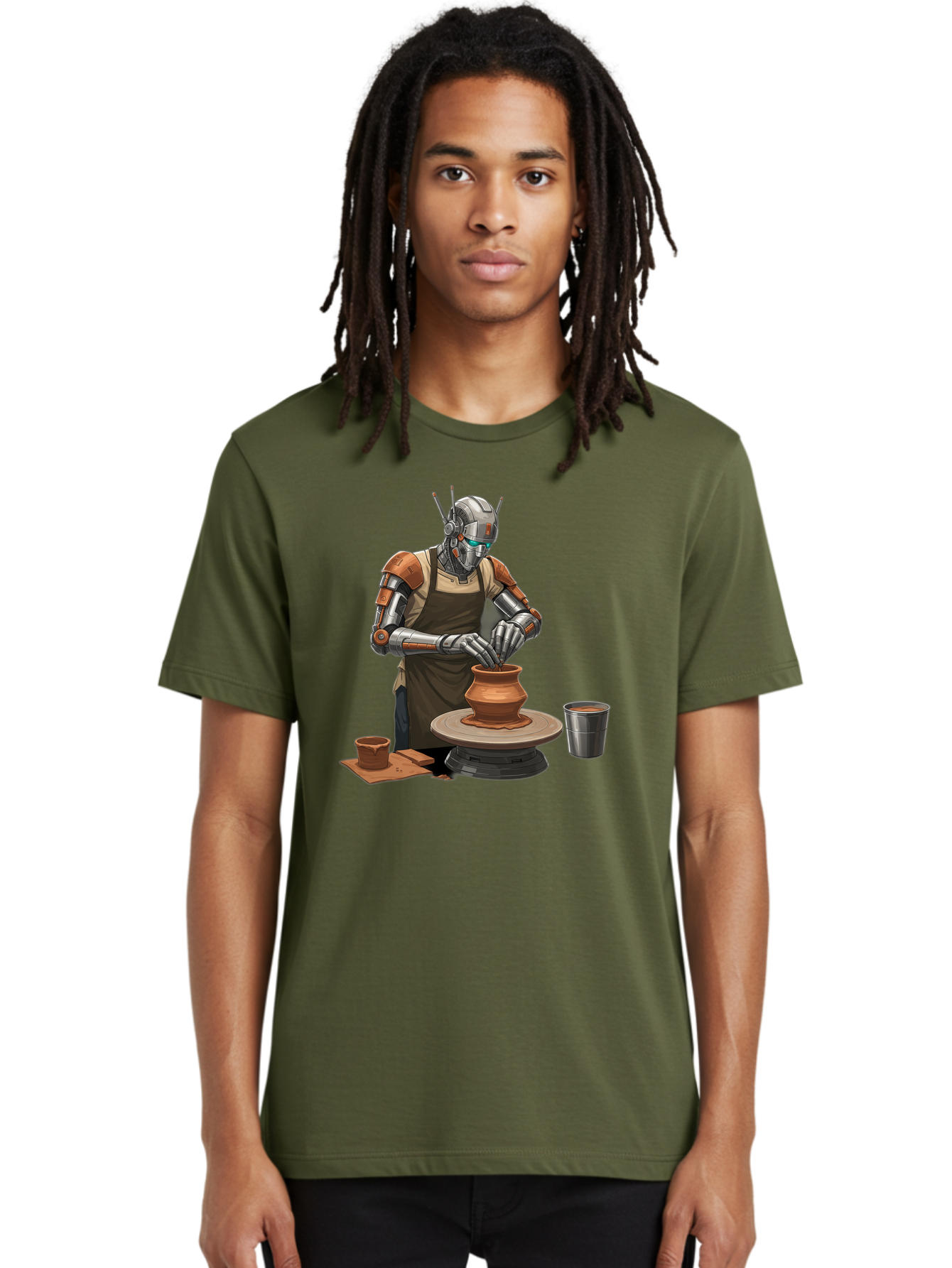 Robot-Potter Men'S Graphic Tee, 100% Cotton, Comfortable Casual Summer Wear, Machine Washable, Robot On Pottery Wheel, Clay Pot, Metal Cup, Robotic Hands, Creative Artwork, Futuristic Pottery, Artistic Creation, Mechanical Craftsmanship, Bab356