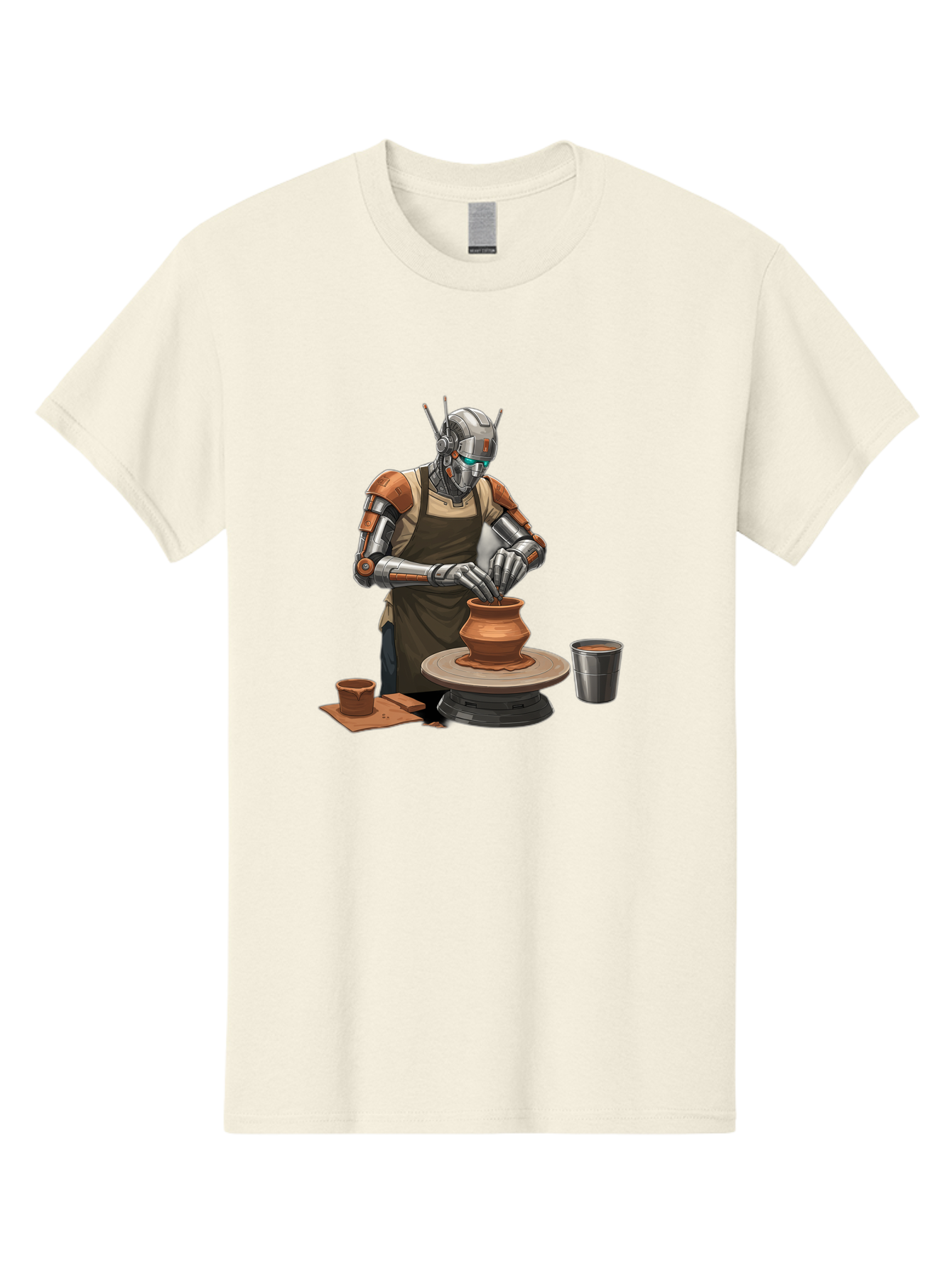 Robot-Potter Men'S Graphic Tee, 100% Cotton, Comfortable Casual Summer Wear, Machine Washable, Robot On Pottery Wheel, Clay Pot, Metal Cup, Robotic Hands, Creative Artwork, Futuristic Pottery, Artistic Creation, Mechanical Craftsmanship, Bab356