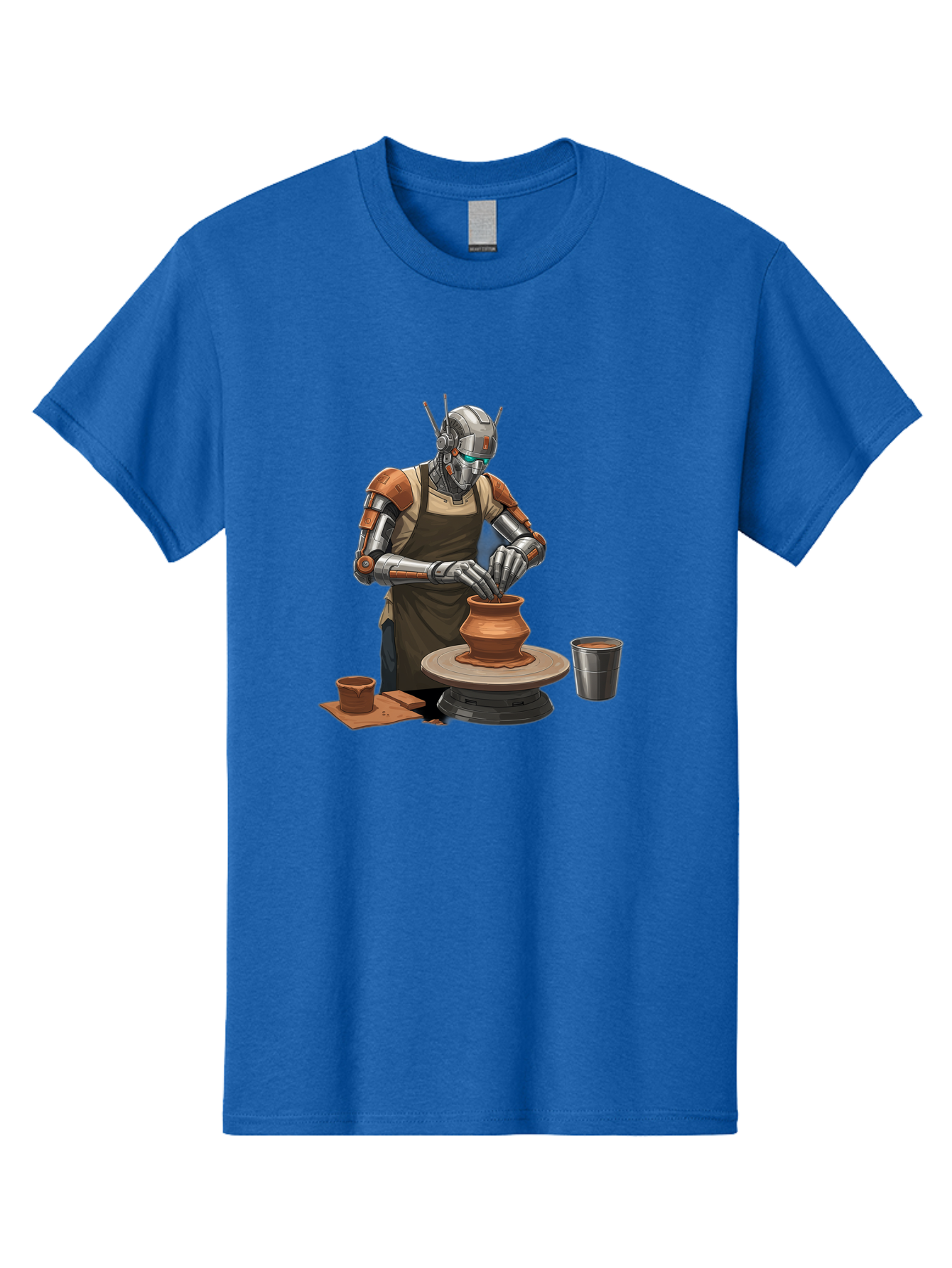 Robot-Potter Men'S Graphic Tee, 100% Cotton, Comfortable Casual Summer Wear, Machine Washable, Robot On Pottery Wheel, Clay Pot, Metal Cup, Robotic Hands, Creative Artwork, Futuristic Pottery, Artistic Creation, Mechanical Craftsmanship, Bab356