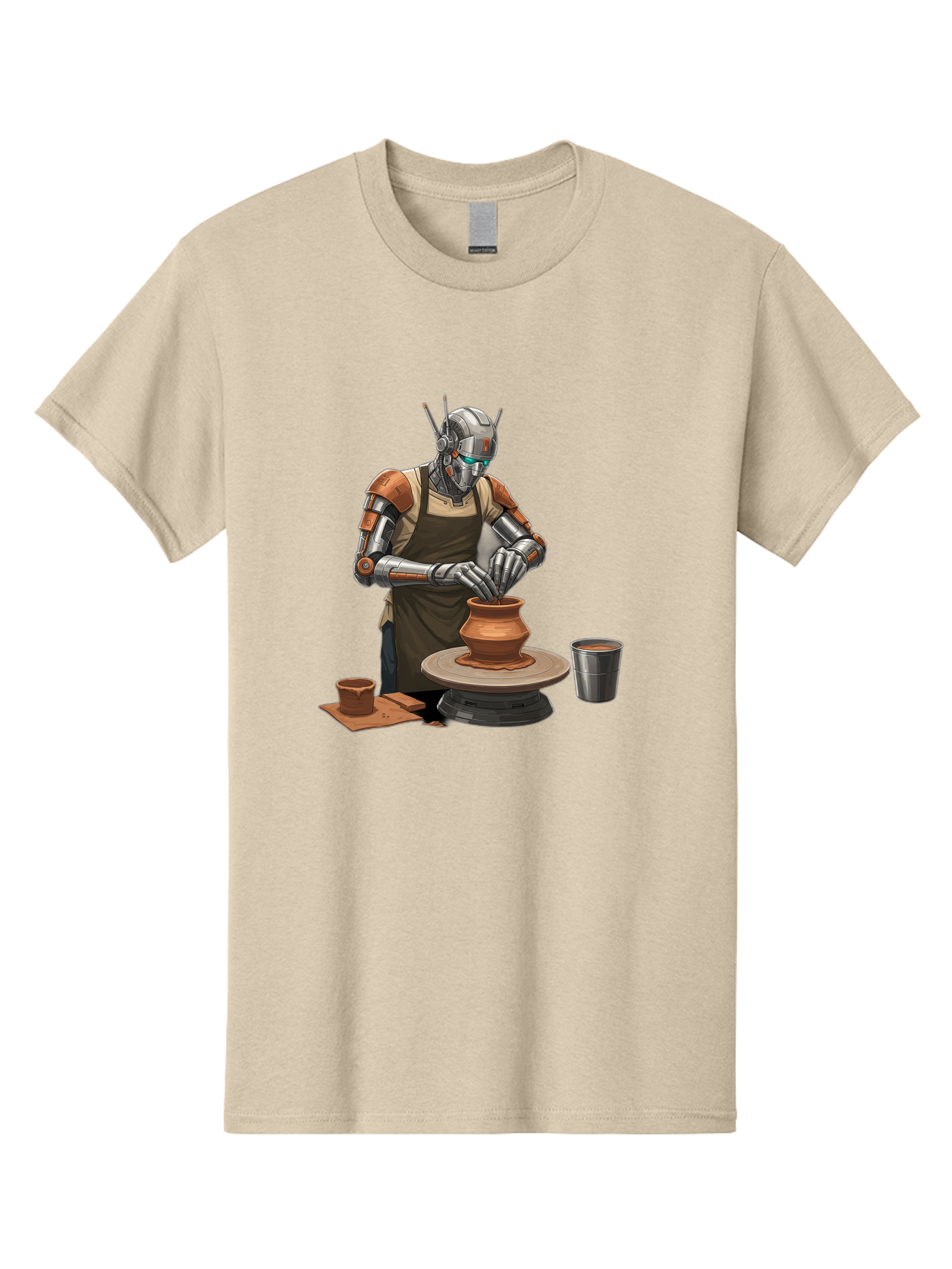 Robot-Potter Men'S Graphic Tee, 100% Cotton, Comfortable Casual Summer Wear, Machine Washable, Robot On Pottery Wheel, Clay Pot, Metal Cup, Robotic Hands, Creative Artwork, Futuristic Pottery, Artistic Creation, Mechanical Craftsmanship, Bab356