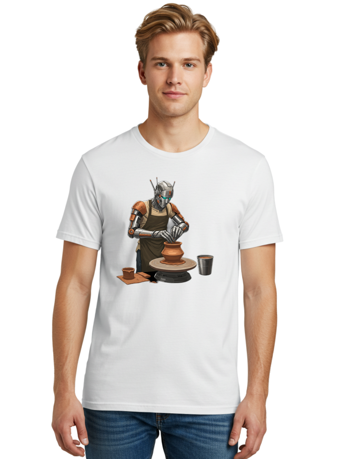 Robot-Potter Men'S Graphic Tee, 100% Cotton, Comfortable Casual Summer Wear, Machine Washable, Robot On Pottery Wheel, Clay Pot, Metal Cup, Robotic Hands, Creative Artwork, Futuristic Pottery, Artistic Creation, Mechanical Craftsmanship, Bab356