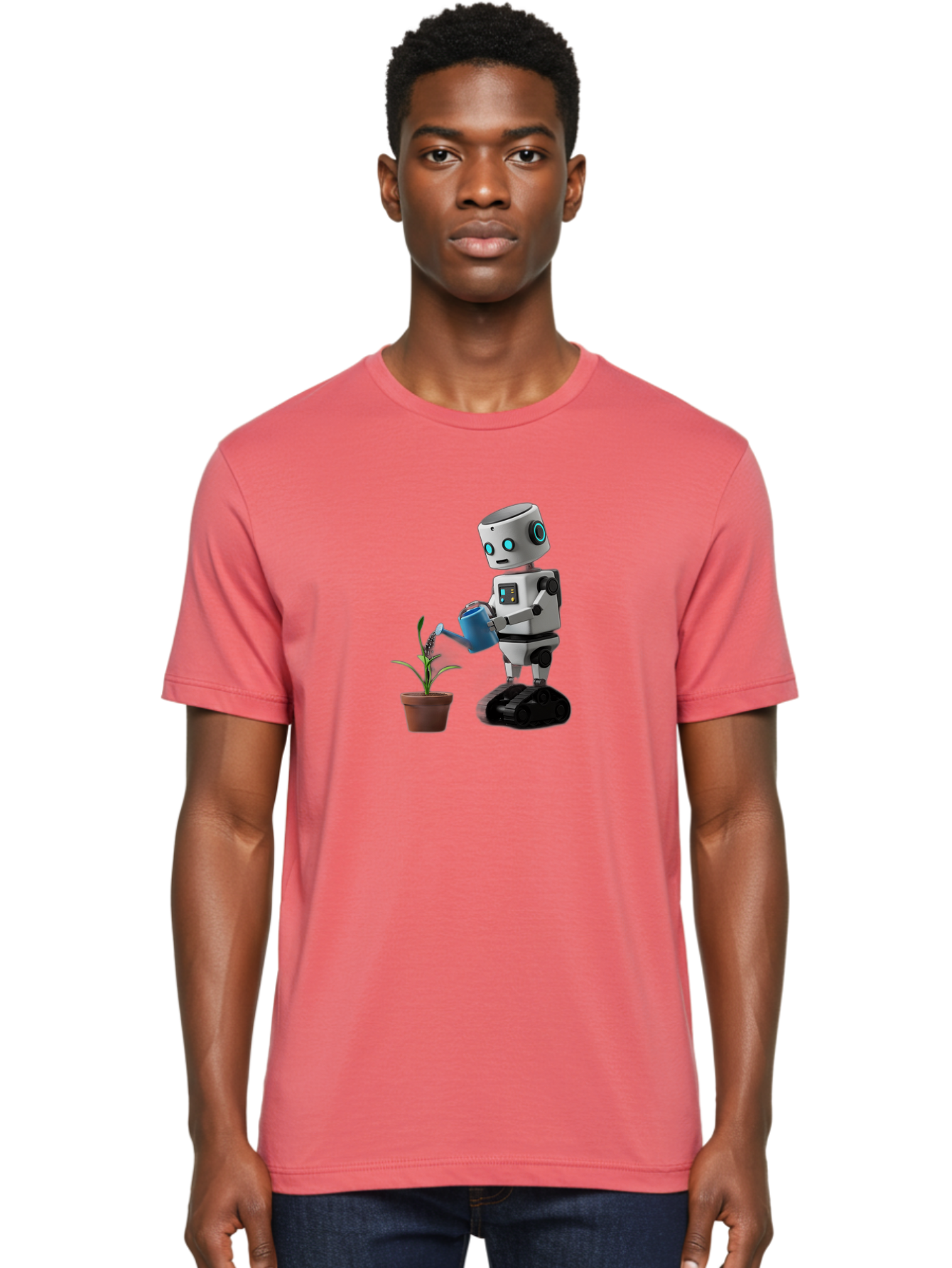 Robot-Watering-Plant Men'S Graphic Tee, 100% Cotton, Comfortable Casual Summer Wear, Machine Washable, Robot Watering Plant, Futuristic Gardening, Artificial Intelligence, Robotic Care, Potted Plant, Blue Watering Can, Robotic Technology, Bab357