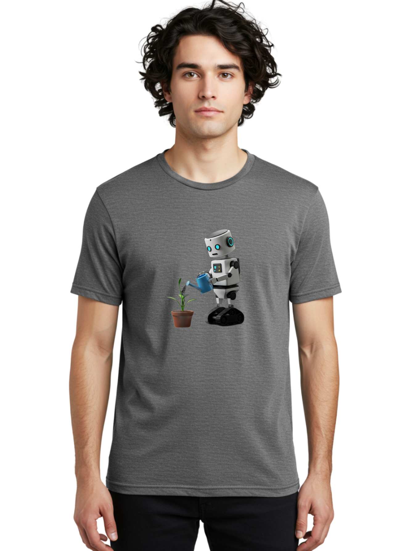 Robot-Watering-Plant Men'S Graphic Tee, 100% Cotton, Comfortable Casual Summer Wear, Machine Washable, Robot Watering Plant, Futuristic Gardening, Artificial Intelligence, Robotic Care, Potted Plant, Blue Watering Can, Robotic Technology, Bab357
