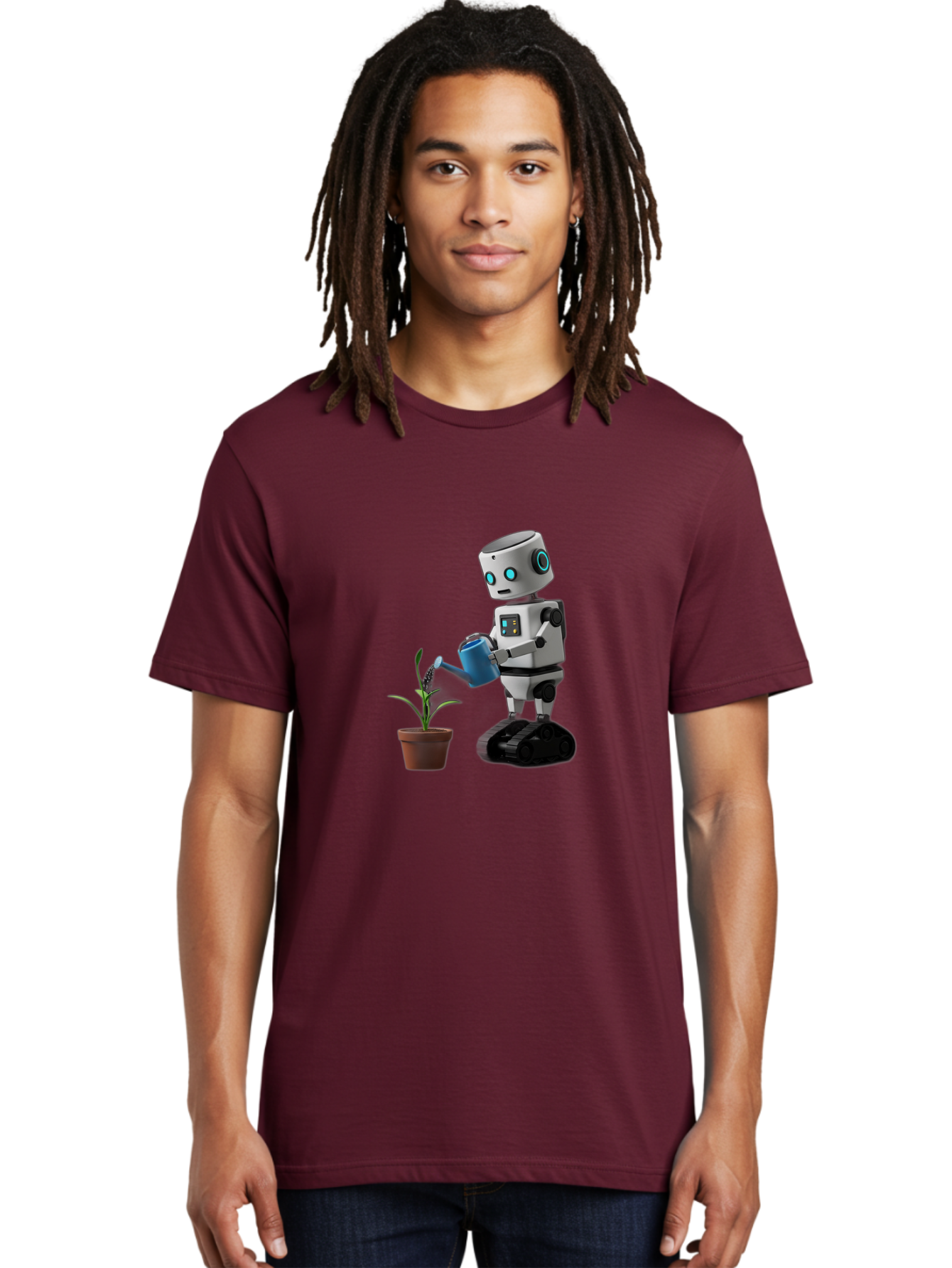 Robot-Watering-Plant Men'S Graphic Tee, 100% Cotton, Comfortable Casual Summer Wear, Machine Washable, Robot Watering Plant, Futuristic Gardening, Artificial Intelligence, Robotic Care, Potted Plant, Blue Watering Can, Robotic Technology, Bab357
