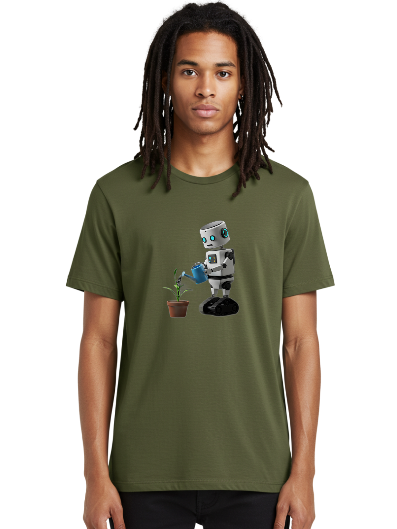 Robot-Watering-Plant Men'S Graphic Tee, 100% Cotton, Comfortable Casual Summer Wear, Machine Washable, Robot Watering Plant, Futuristic Gardening, Artificial Intelligence, Robotic Care, Potted Plant, Blue Watering Can, Robotic Technology, Bab357