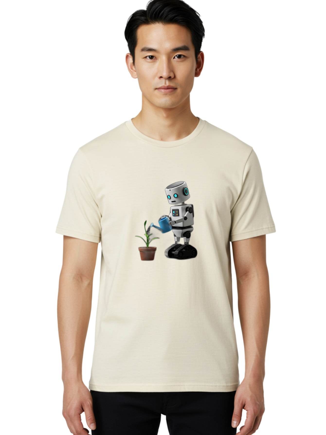 Robot-Watering-Plant Men'S Graphic Tee, 100% Cotton, Comfortable Casual Summer Wear, Machine Washable, Robot Watering Plant, Futuristic Gardening, Artificial Intelligence, Robotic Care, Potted Plant, Blue Watering Can, Robotic Technology, Bab357