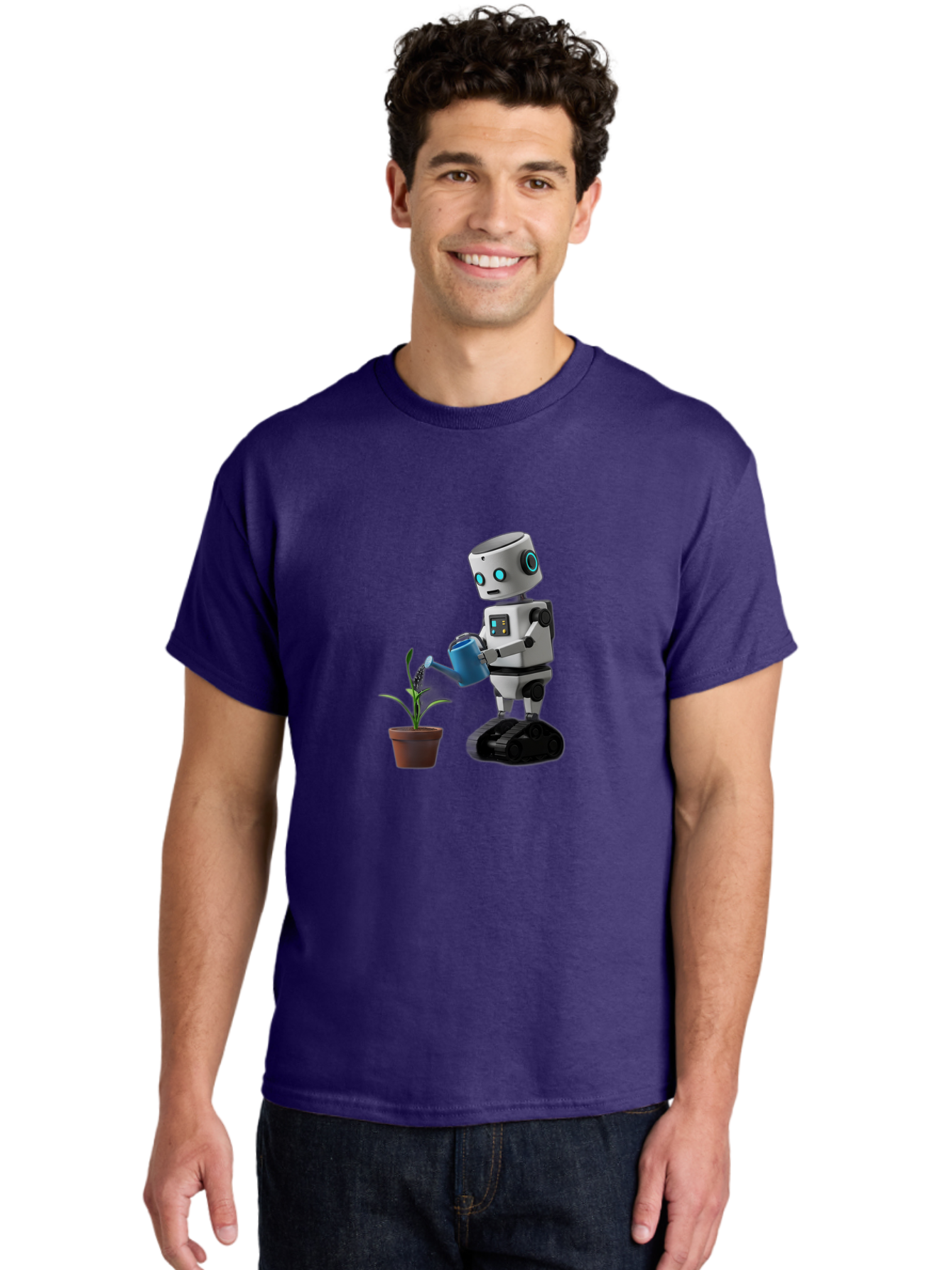 Robot-Watering-Plant Men'S Graphic Tee, 100% Cotton, Comfortable Casual Summer Wear, Machine Washable, Robot Watering Plant, Futuristic Gardening, Artificial Intelligence, Robotic Care, Potted Plant, Blue Watering Can, Robotic Technology, Bab357