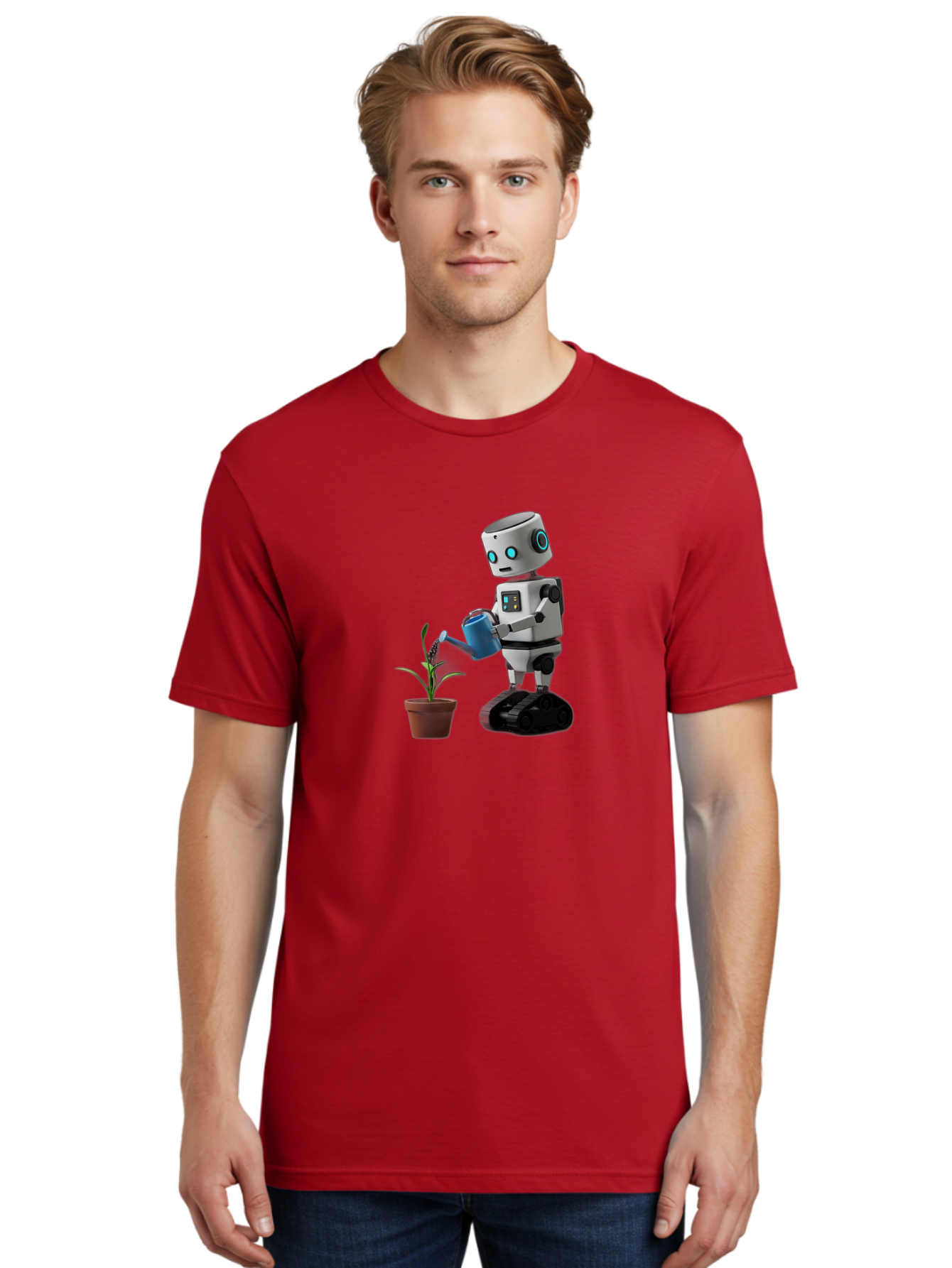 Robot-Watering-Plant Men'S Graphic Tee, 100% Cotton, Comfortable Casual Summer Wear, Machine Washable, Robot Watering Plant, Futuristic Gardening, Artificial Intelligence, Robotic Care, Potted Plant, Blue Watering Can, Robotic Technology, Bab357