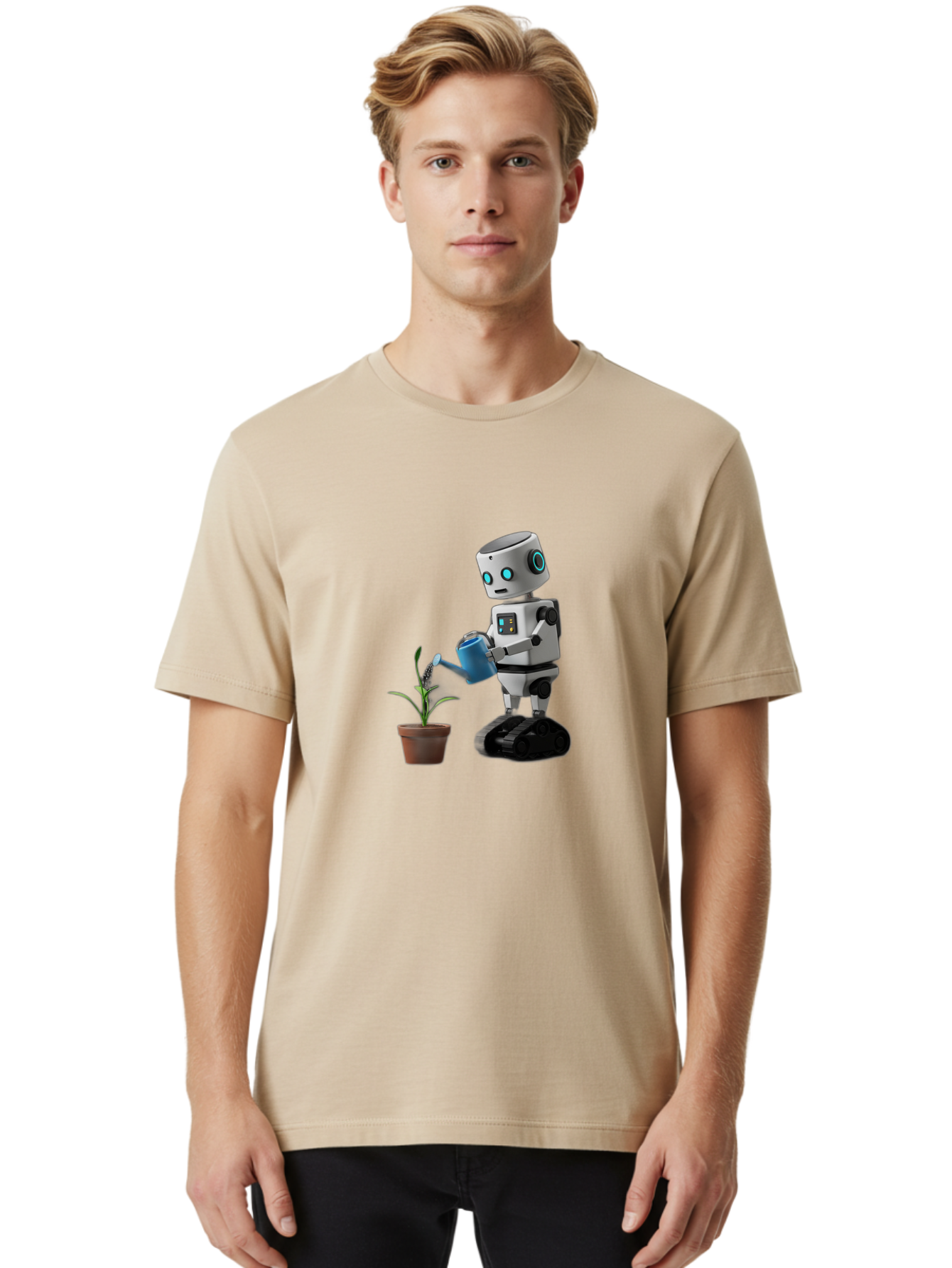 Robot-Watering-Plant Men'S Graphic Tee, 100% Cotton, Comfortable Casual Summer Wear, Machine Washable, Robot Watering Plant, Futuristic Gardening, Artificial Intelligence, Robotic Care, Potted Plant, Blue Watering Can, Robotic Technology, Bab357