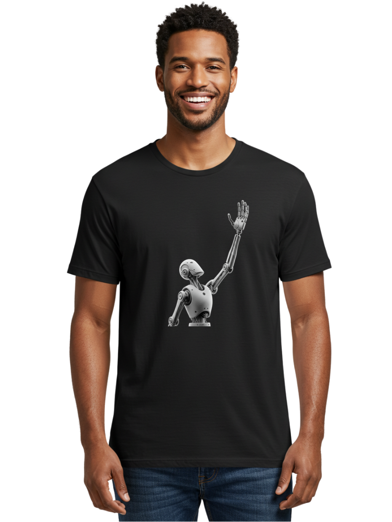 Robot-Waving Men'S Graphic Tee, 100% Cotton, Comfortable Casual Summer Wear, Machine Washable, Robot Waving Hand, Humanoid Robot, Robotic Arm, Mechanical Body, Futuristic Technology, Artificial Intelligence, Robot Greeting Bab358