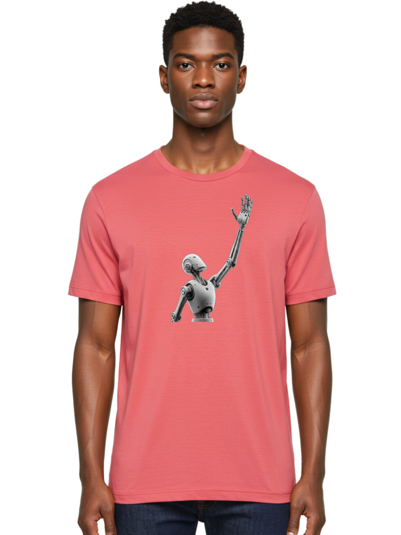 Robot-Waving Men'S Graphic Tee, 100% Cotton, Comfortable Casual Summer Wear, Machine Washable, Robot Waving Hand, Humanoid Robot, Robotic Arm, Mechanical Body, Futuristic Technology, Artificial Intelligence, Robot Greeting Bab358