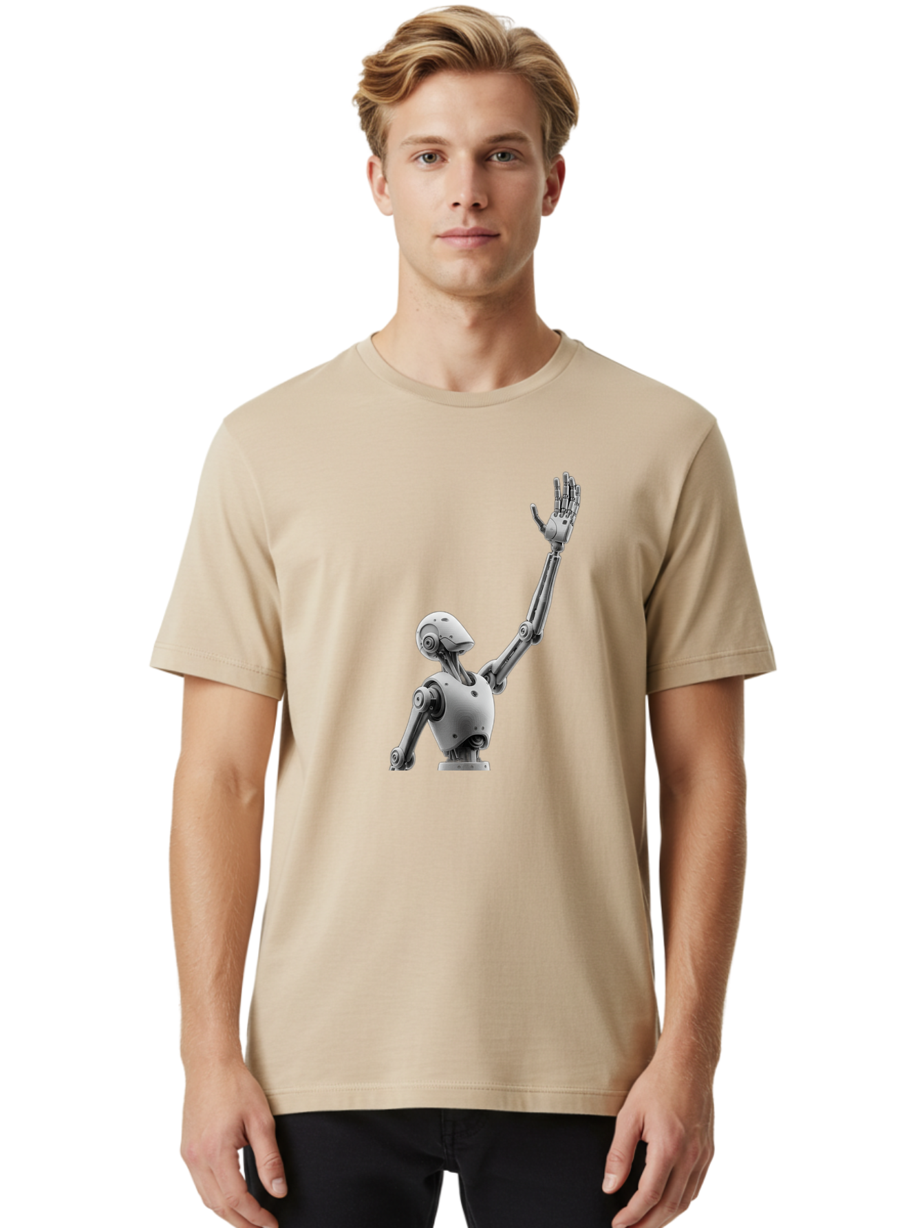 Robot-Waving Men'S Graphic Tee, 100% Cotton, Comfortable Casual Summer Wear, Machine Washable, Robot Waving Hand, Humanoid Robot, Robotic Arm, Mechanical Body, Futuristic Technology, Artificial Intelligence, Robot Greeting Bab358