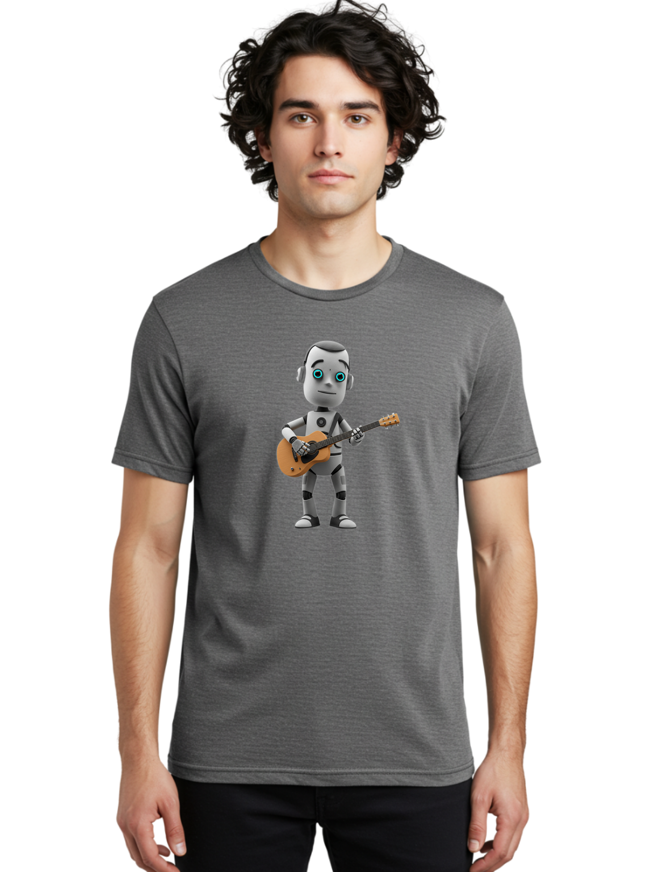 Robot-With-Guitar Men'S Graphic Tee, 100% Cotton, Comfortable Casual Summer Wear, Machine Washable, Robot Character, Playing Acoustic Guitar, Digital Art, Futuristic Design, Music Technology, Robot Musician, Cartoon Style, Blue Eyes, Bab359