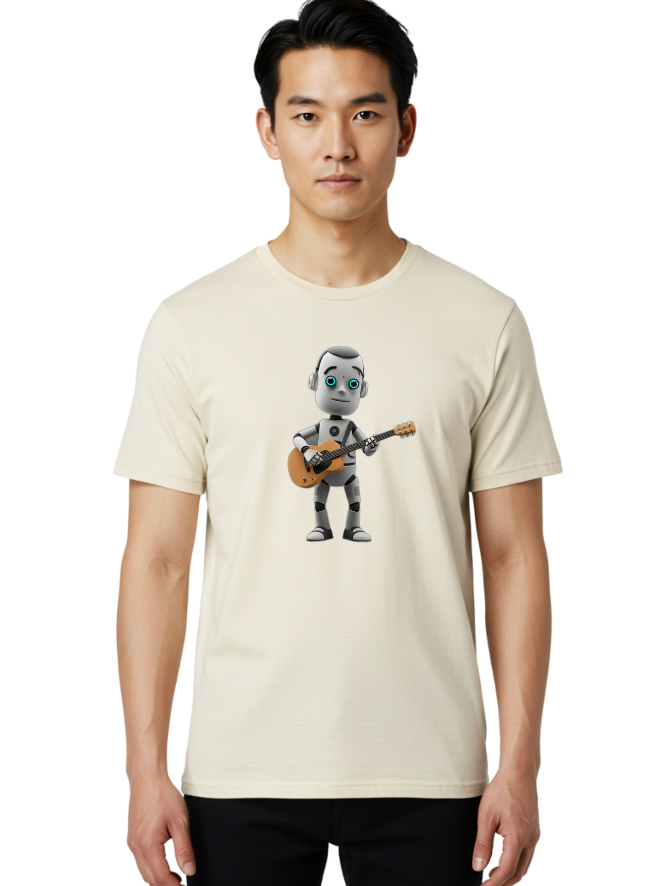 Robot-With-Guitar Men'S Graphic Tee, 100% Cotton, Comfortable Casual Summer Wear, Machine Washable, Robot Character, Playing Acoustic Guitar, Digital Art, Futuristic Design, Music Technology, Robot Musician, Cartoon Style, Blue Eyes, Bab359