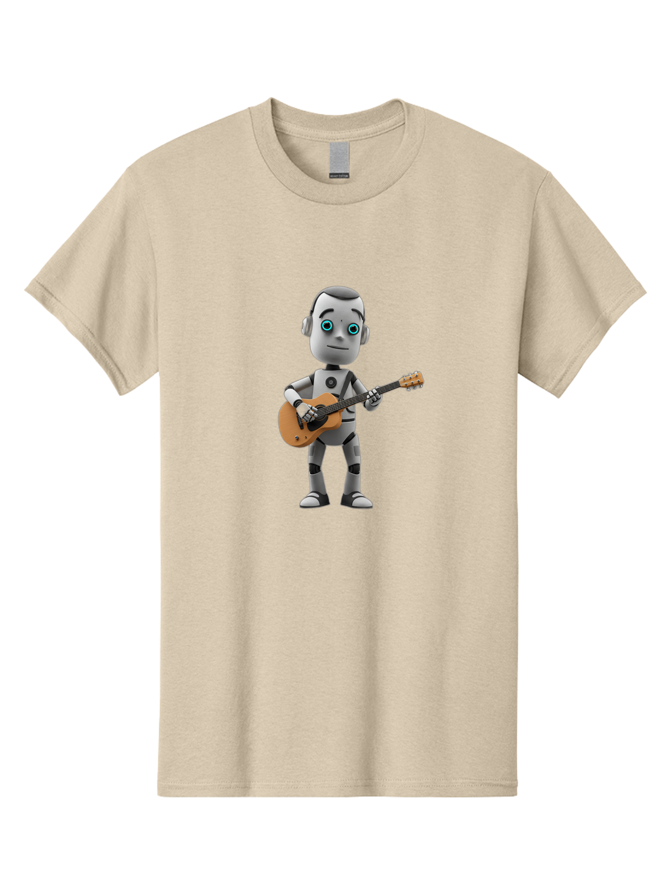 Robot-With-Guitar Men'S Graphic Tee, 100% Cotton, Comfortable Casual Summer Wear, Machine Washable, Robot Character, Playing Acoustic Guitar, Digital Art, Futuristic Design, Music Technology, Robot Musician, Cartoon Style, Blue Eyes, Bab359