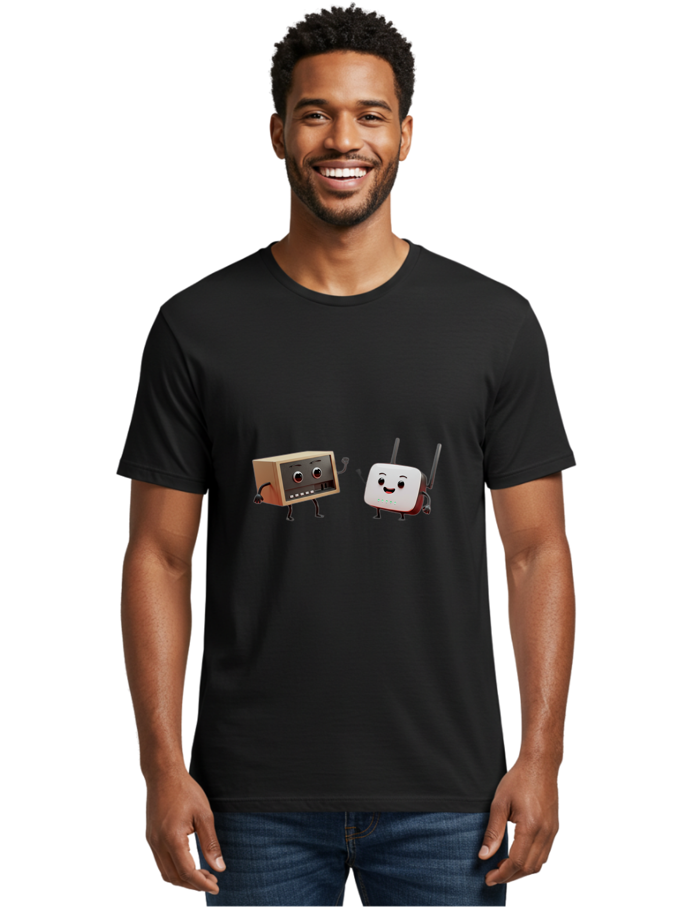 Router-And-Radio Men'S Graphic Tee, 100% Cotton, Comfortable Casual Summer Wear, Machine Washable, Anthropomorphic Router, Anthropomorphic Radio, Funny Characters, Cartoon Devices, Smiling Faces, Wireless Technology, Nostalgic Radio, Bab364