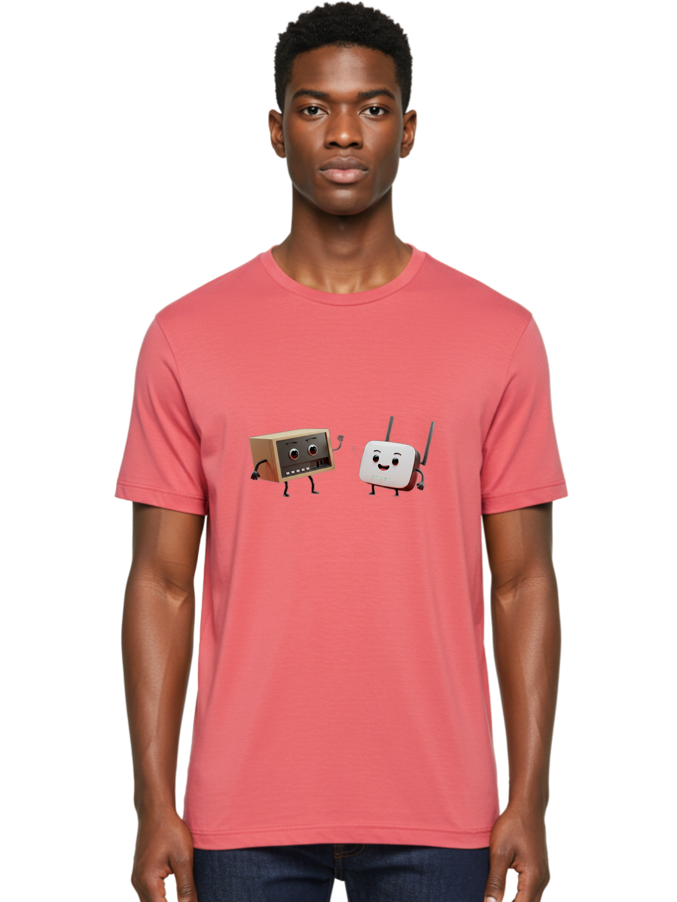 Router-And-Radio Men'S Graphic Tee, 100% Cotton, Comfortable Casual Summer Wear, Machine Washable, Anthropomorphic Router, Anthropomorphic Radio, Funny Characters, Cartoon Devices, Smiling Faces, Wireless Technology, Nostalgic Radio, Bab364