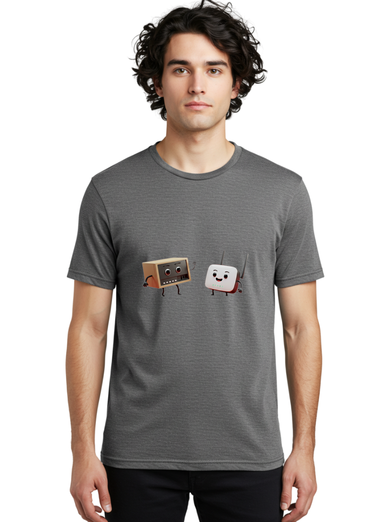 Router-And-Radio Men'S Graphic Tee, 100% Cotton, Comfortable Casual Summer Wear, Machine Washable, Anthropomorphic Router, Anthropomorphic Radio, Funny Characters, Cartoon Devices, Smiling Faces, Wireless Technology, Nostalgic Radio, Bab364