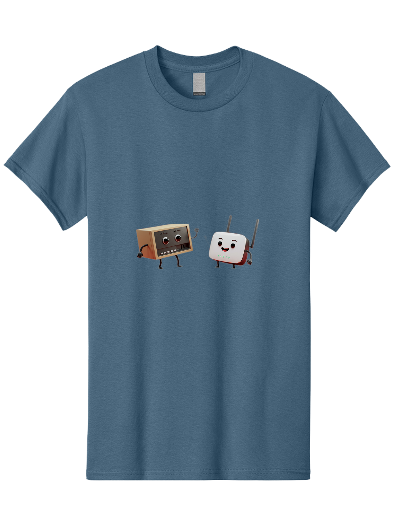 Router-And-Radio Men'S Graphic Tee, 100% Cotton, Comfortable Casual Summer Wear, Machine Washable, Anthropomorphic Router, Anthropomorphic Radio, Funny Characters, Cartoon Devices, Smiling Faces, Wireless Technology, Nostalgic Radio, Bab364