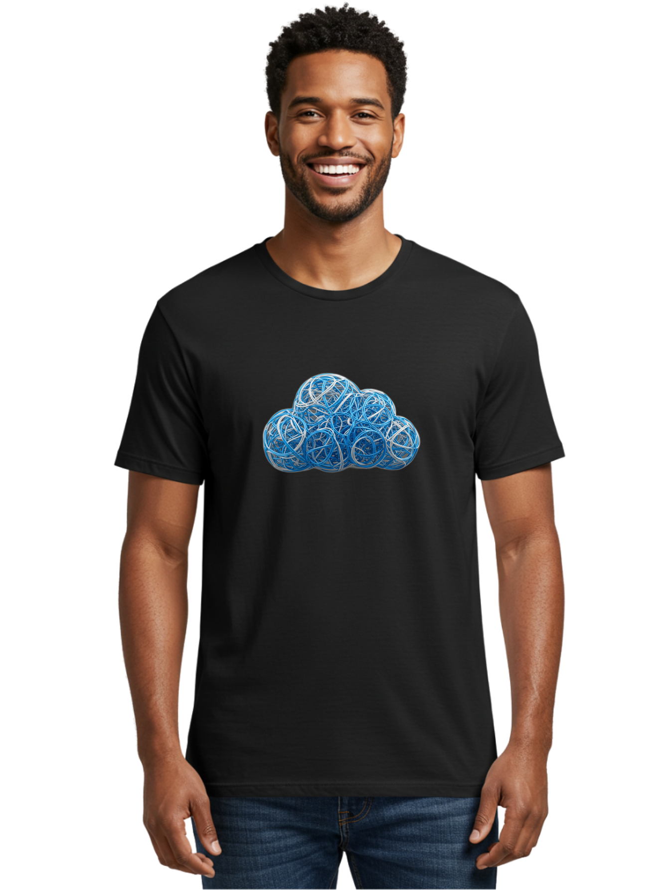 Rubber-Band-Cloud Men'S Graphic Tee, 100% Cotton, Comfortable Casual Summer Wear, Machine Washable, Blue Wires, Cloud Shape, Abstract Composition, Tangled Wires, Modern Design, Creative Art, Blue And White Hues, Spherical Forms, Bab365