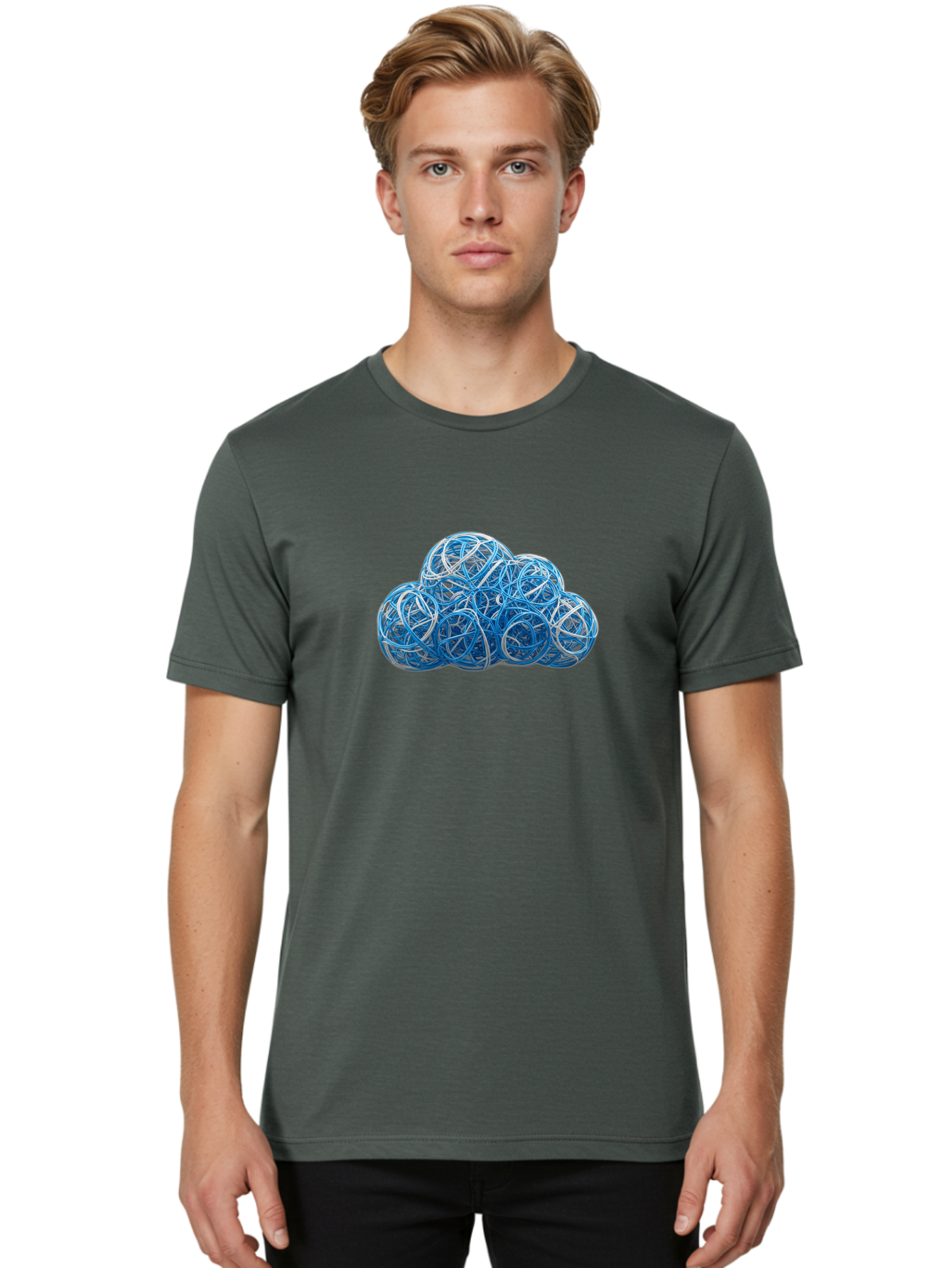Rubber-Band-Cloud Men'S Graphic Tee, 100% Cotton, Comfortable Casual Summer Wear, Machine Washable, Blue Wires, Cloud Shape, Abstract Composition, Tangled Wires, Modern Design, Creative Art, Blue And White Hues, Spherical Forms, Bab365