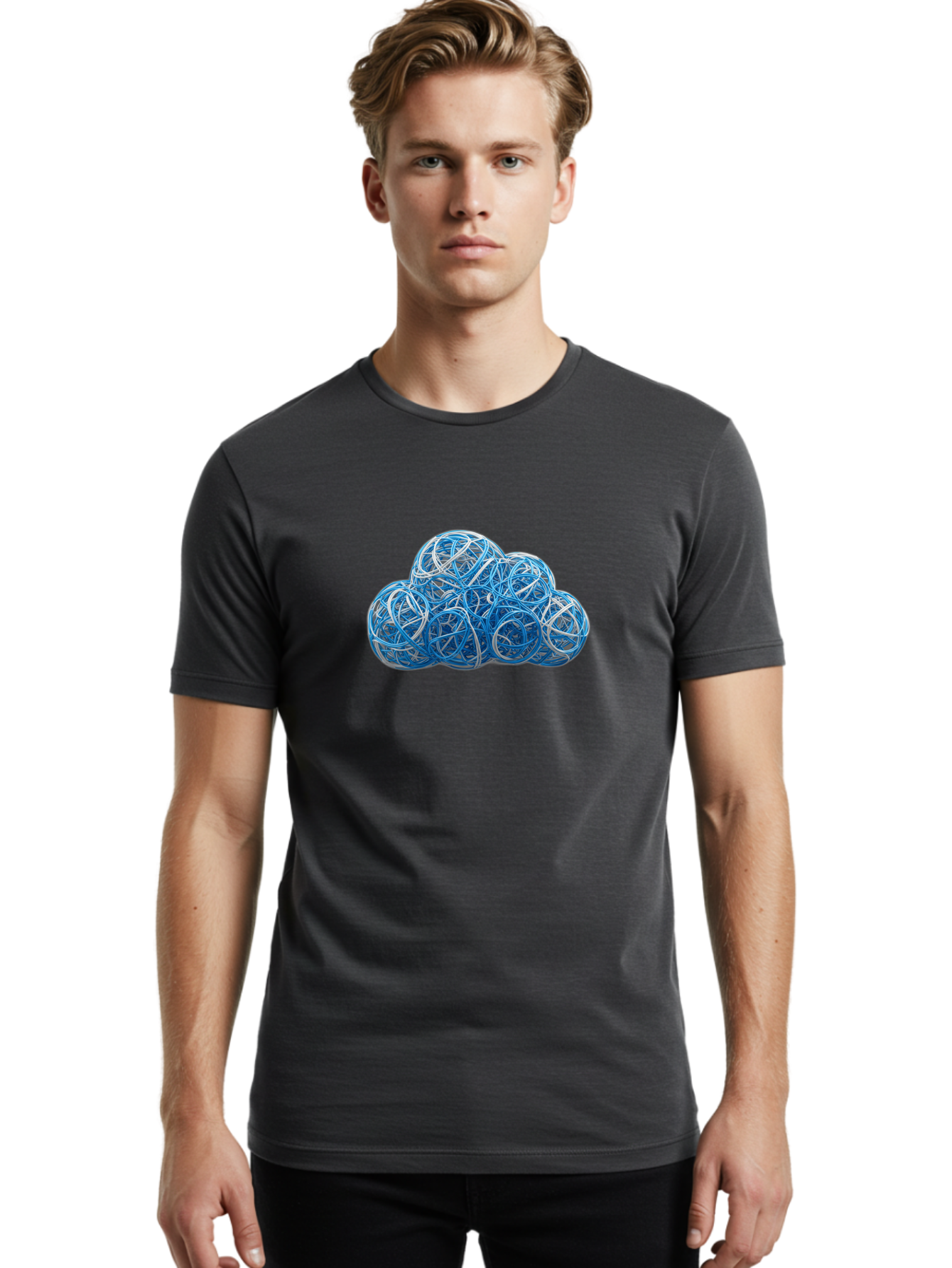 Rubber-Band-Cloud Men'S Graphic Tee, 100% Cotton, Comfortable Casual Summer Wear, Machine Washable, Blue Wires, Cloud Shape, Abstract Composition, Tangled Wires, Modern Design, Creative Art, Blue And White Hues, Spherical Forms, Bab365