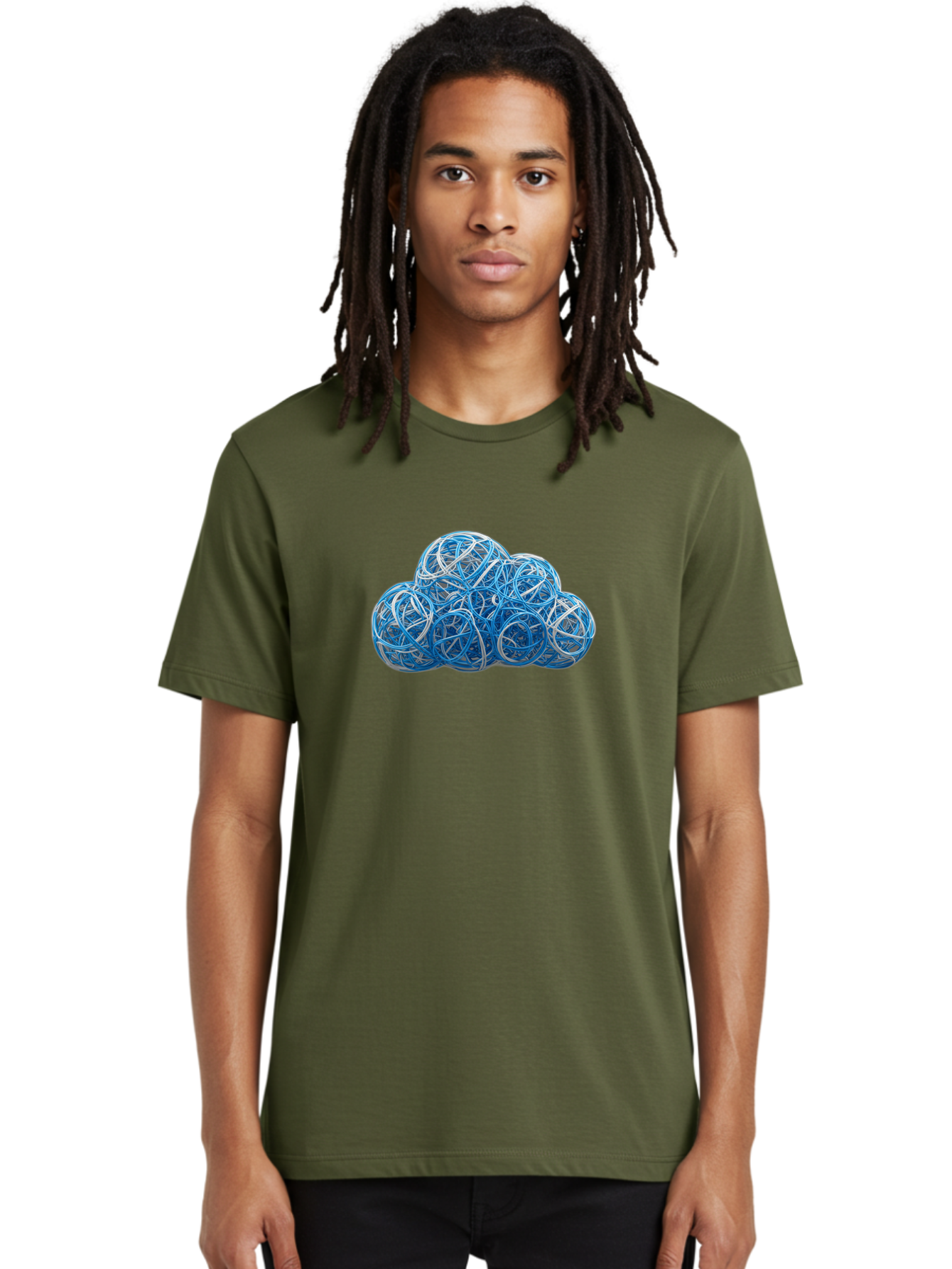 Rubber-Band-Cloud Men'S Graphic Tee, 100% Cotton, Comfortable Casual Summer Wear, Machine Washable, Blue Wires, Cloud Shape, Abstract Composition, Tangled Wires, Modern Design, Creative Art, Blue And White Hues, Spherical Forms, Bab365