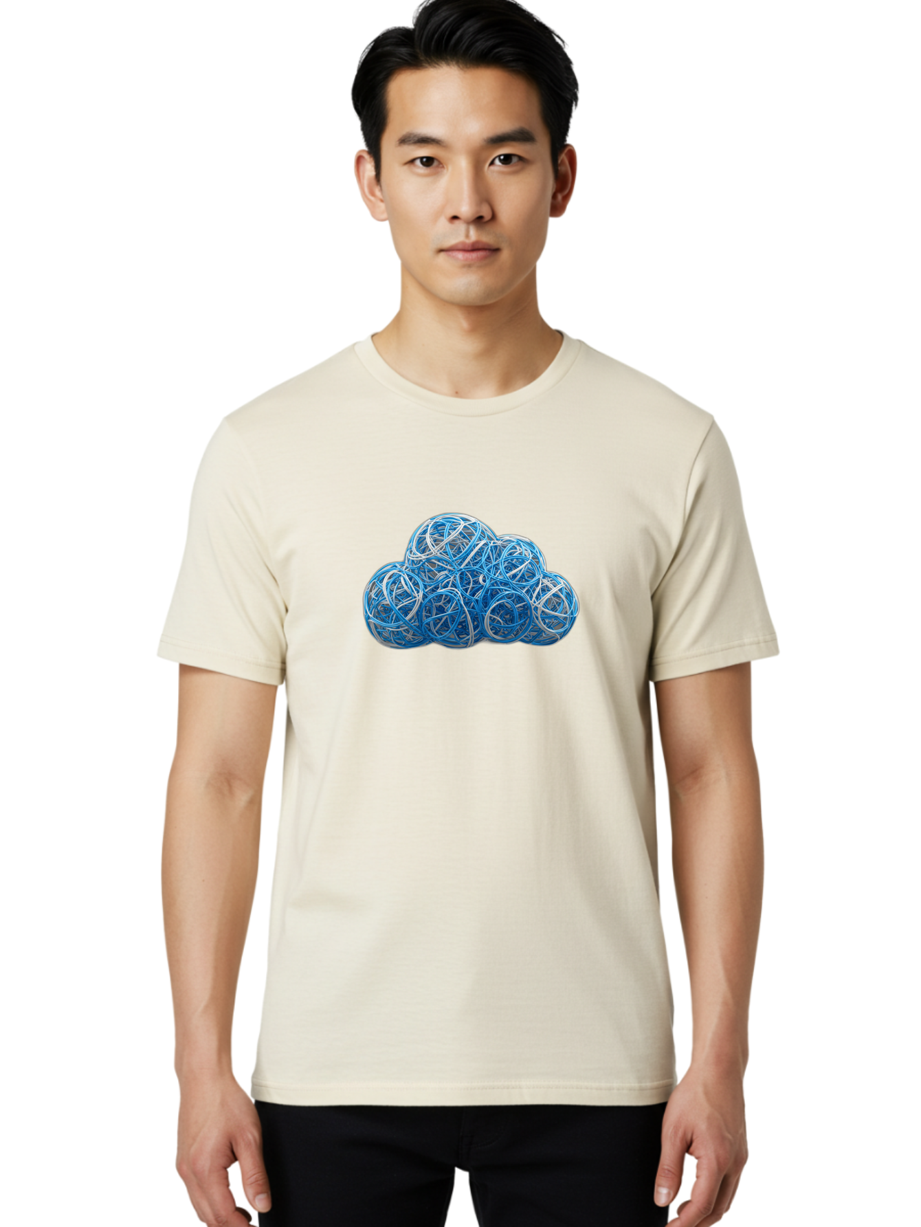 Rubber-Band-Cloud Men'S Graphic Tee, 100% Cotton, Comfortable Casual Summer Wear, Machine Washable, Blue Wires, Cloud Shape, Abstract Composition, Tangled Wires, Modern Design, Creative Art, Blue And White Hues, Spherical Forms, Bab365