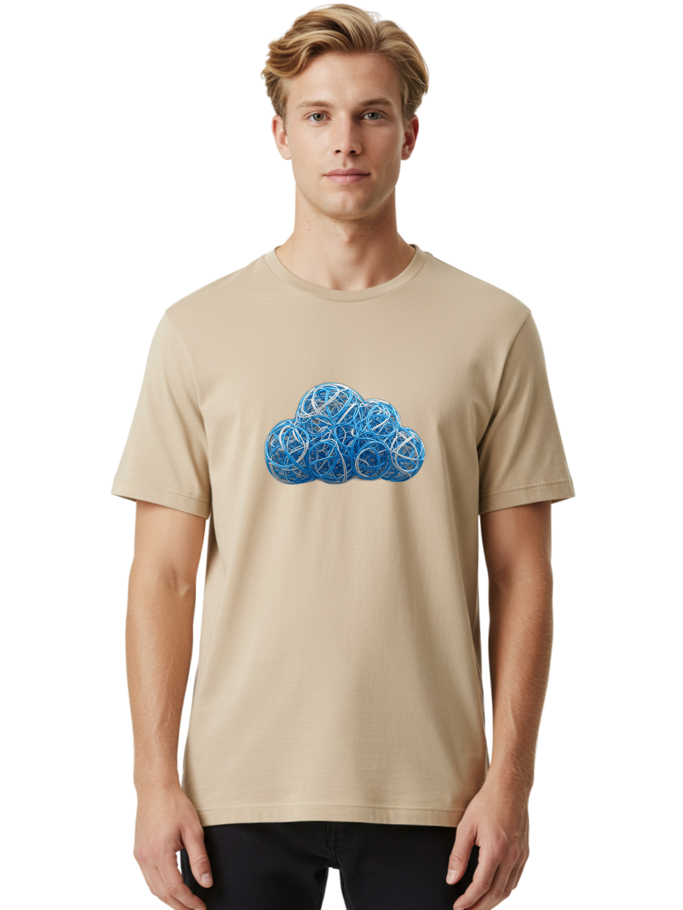 Rubber-Band-Cloud Men'S Graphic Tee, 100% Cotton, Comfortable Casual Summer Wear, Machine Washable, Blue Wires, Cloud Shape, Abstract Composition, Tangled Wires, Modern Design, Creative Art, Blue And White Hues, Spherical Forms, Bab365