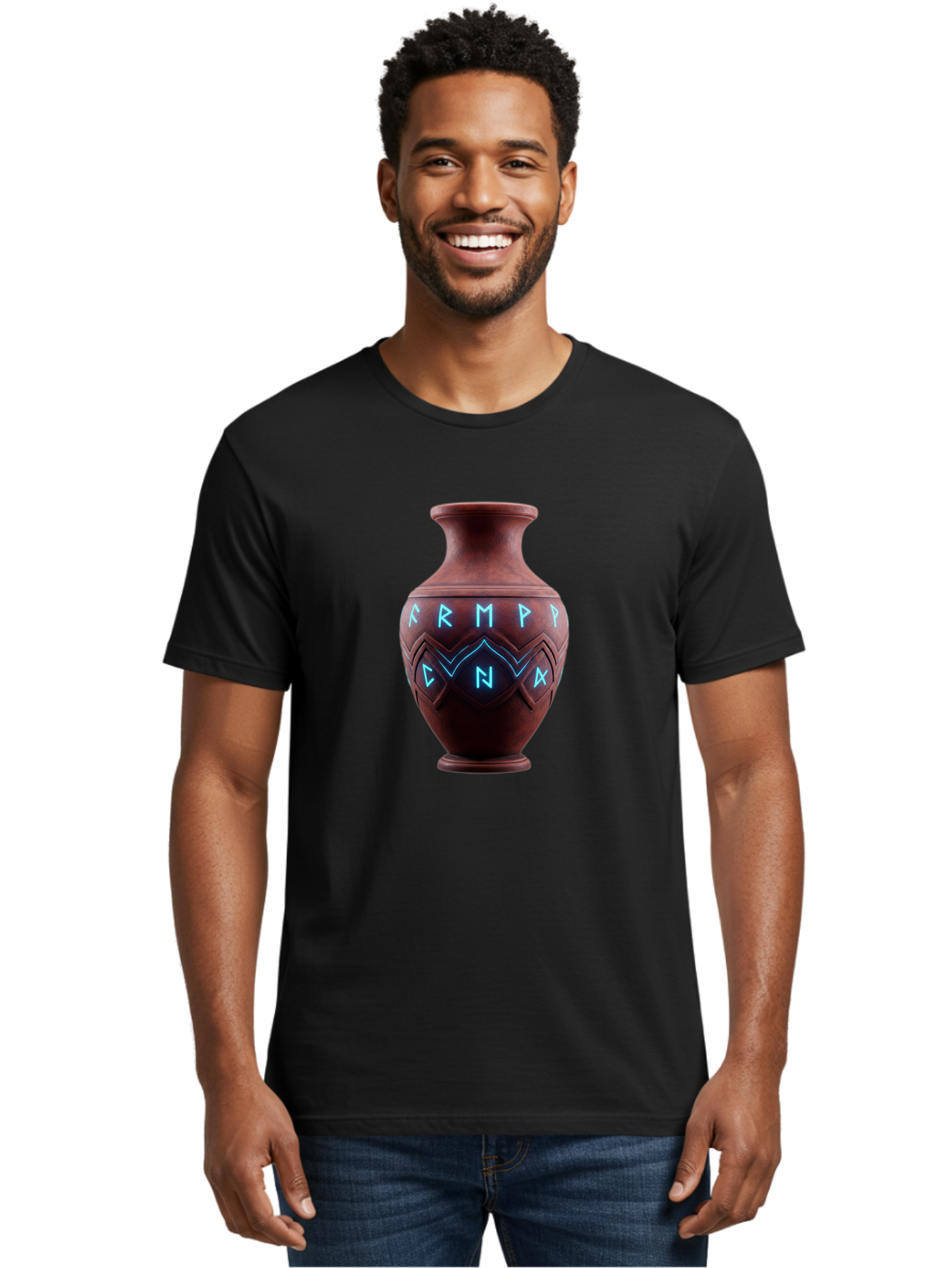 Runic-Vase Men'S Graphic Tee, 100% Cotton, Comfortable Casual Summer Wear, Machine Washable, Ancient Pottery, Clay Vase, Mysterious Symbols, Glowing Blue Letters, Armp Cna, Tribal Art, Glowing Neon, Symbolic Vase, Ancient Artifact, Bab366