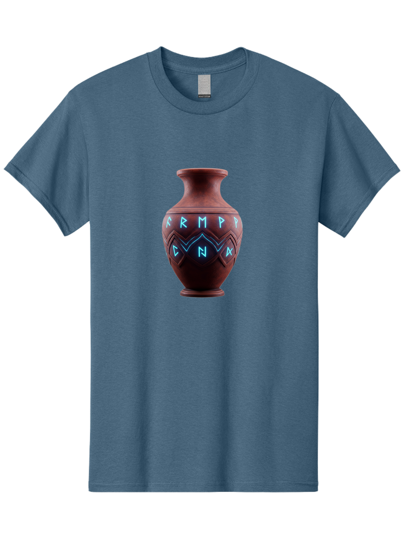 Runic-Vase Men'S Graphic Tee, 100% Cotton, Comfortable Casual Summer Wear, Machine Washable, Ancient Pottery, Clay Vase, Mysterious Symbols, Glowing Blue Letters, Armp Cna, Tribal Art, Glowing Neon, Symbolic Vase, Ancient Artifact, Bab366